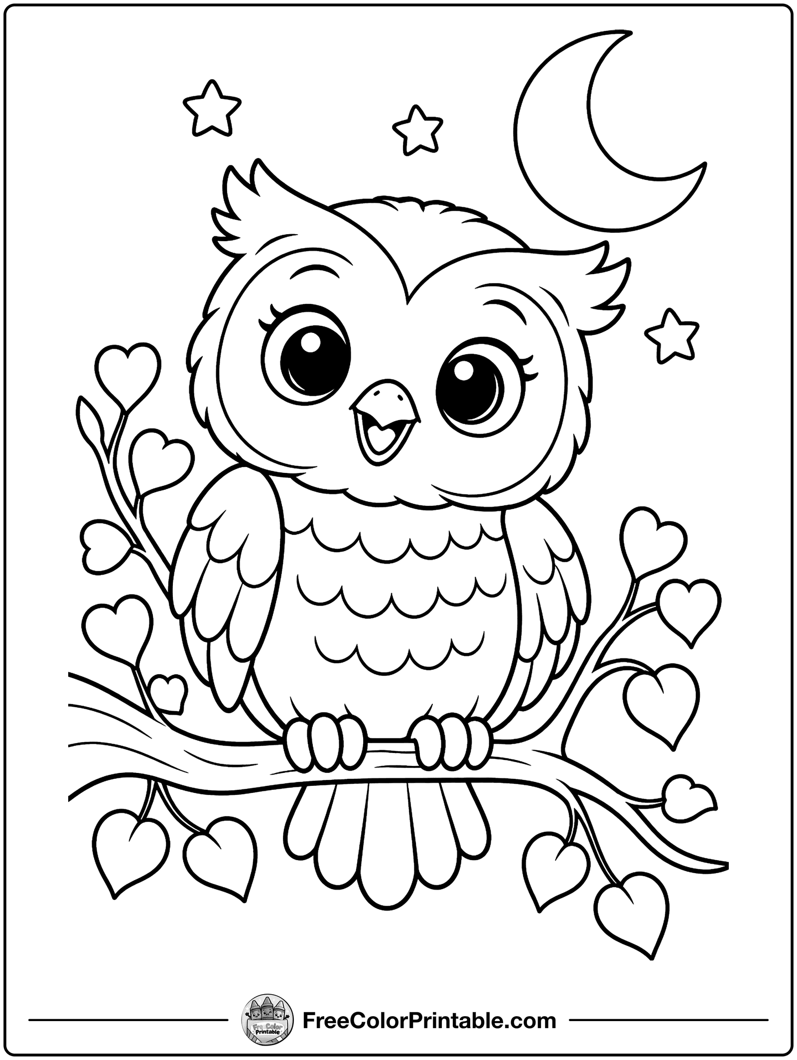 Owl with Heart Leaves Coloring Page — free color printable