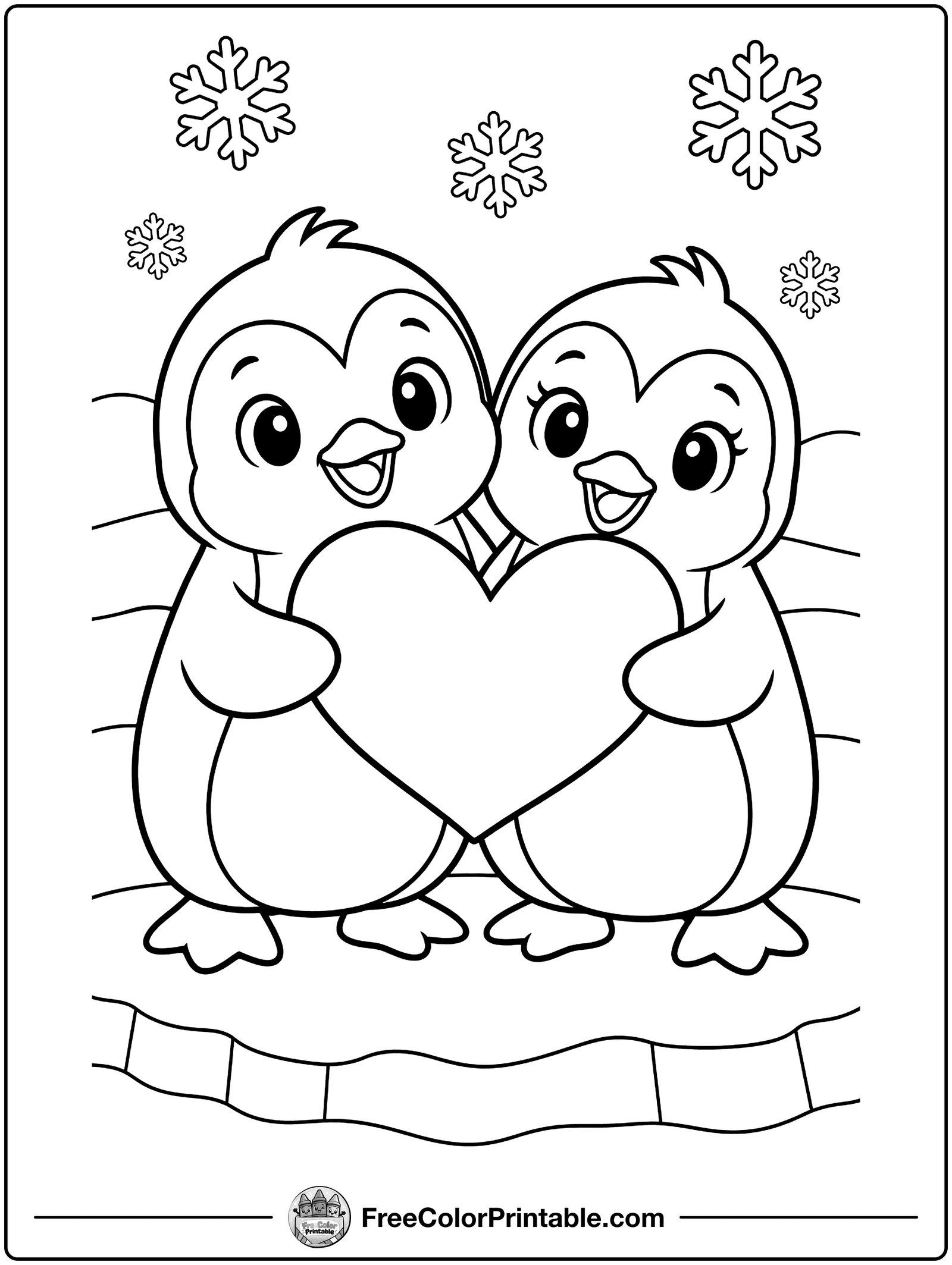 Penguin Pals Sharing a Heart Coloring Page — free color printable