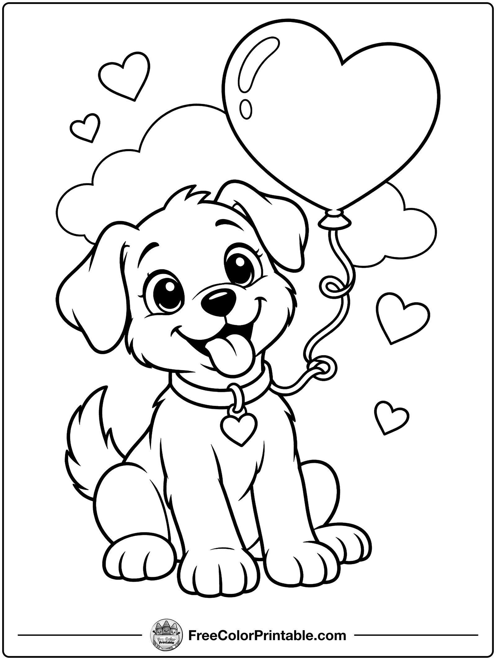 Puppy and the Heart Balloon Coloring Page — free color printable
