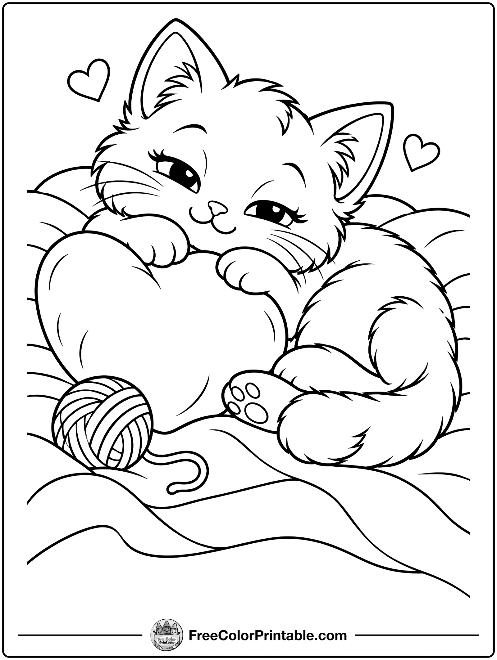 Sleepy Kitten and Heart Pillow Coloring Page — free color printable