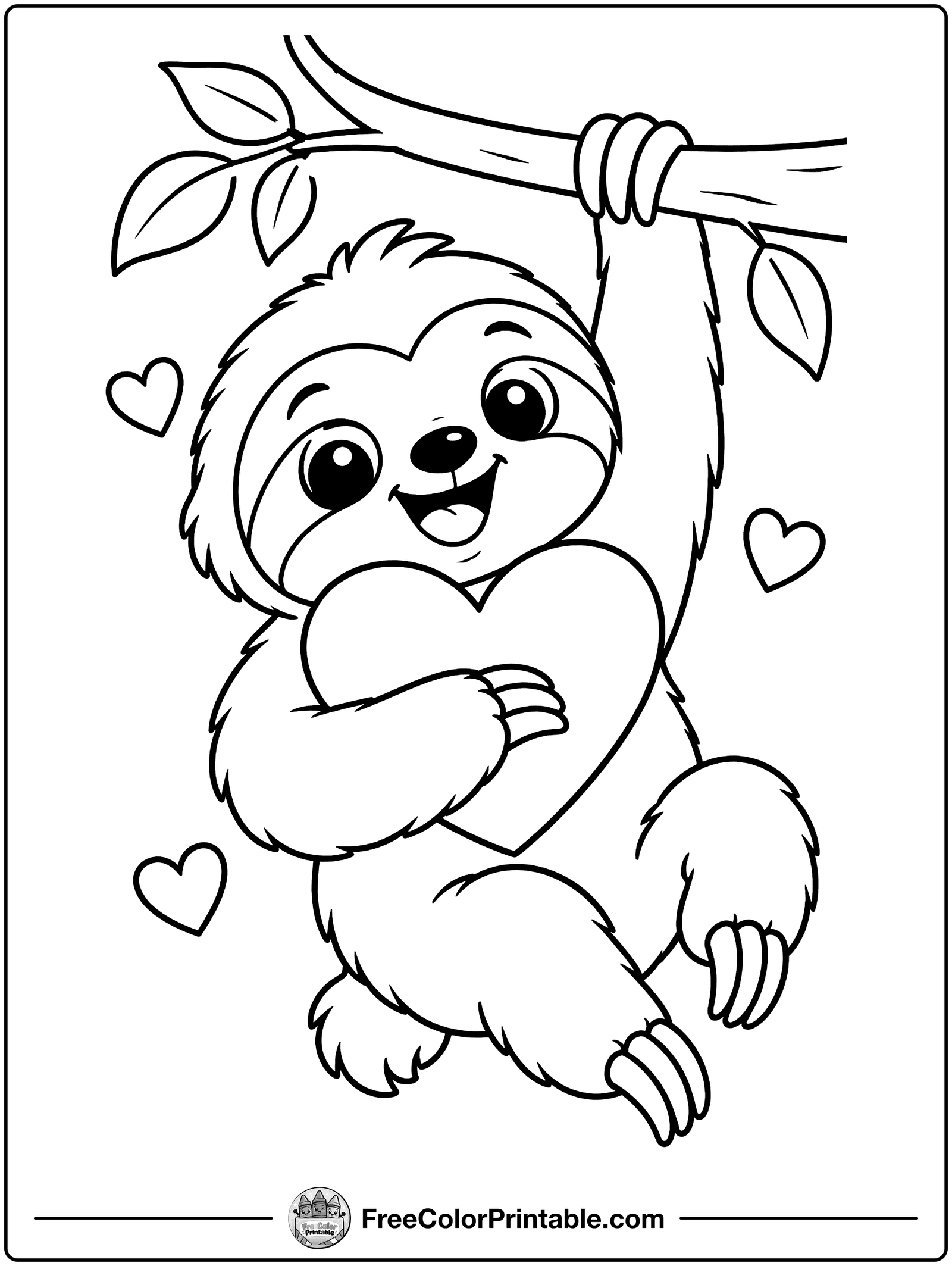 Sleepy Sloth Hugs a Heart Coloring Page — free color printable