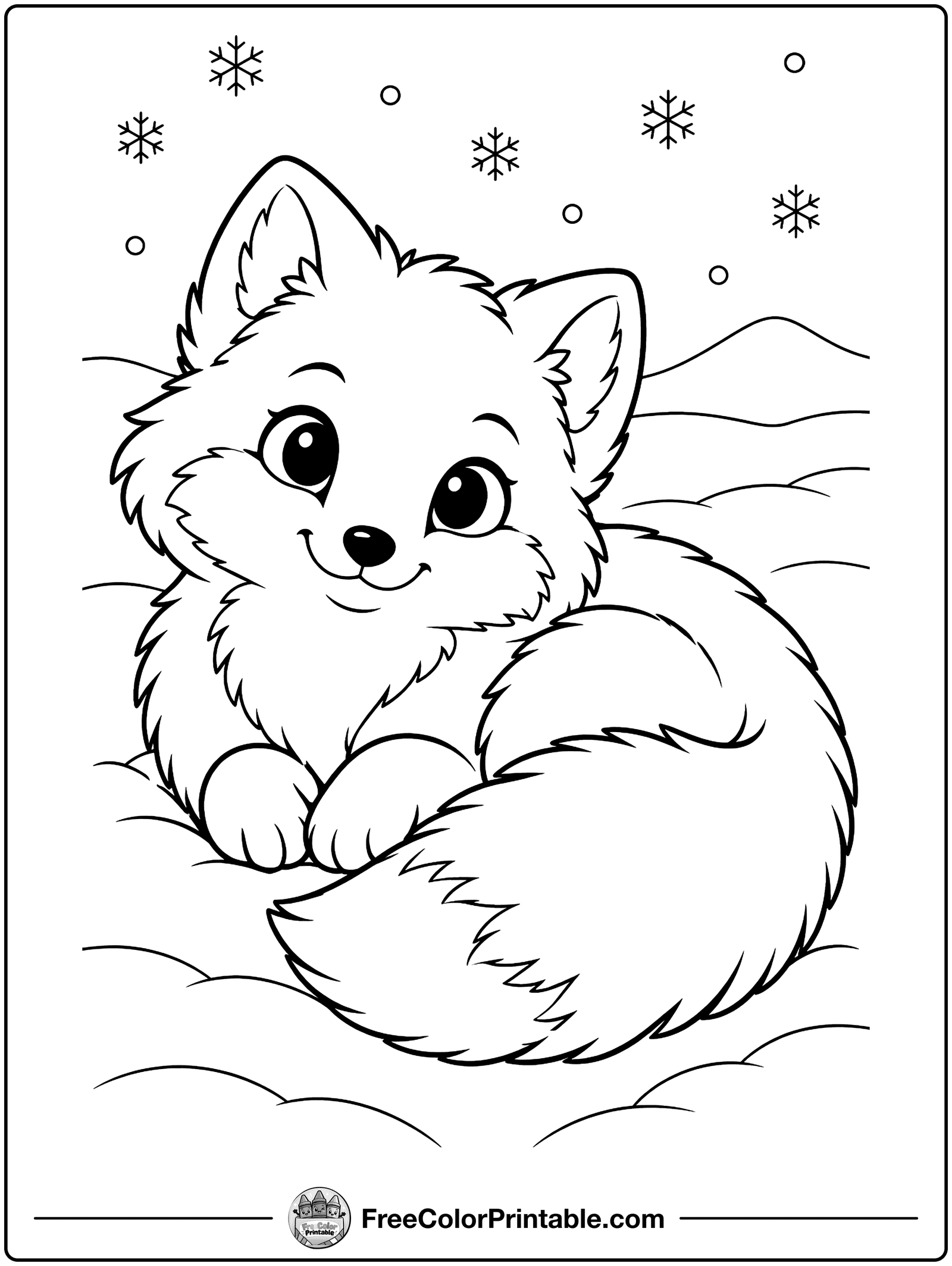 Arctic Fox in the Snow Coloring Page — free color printable