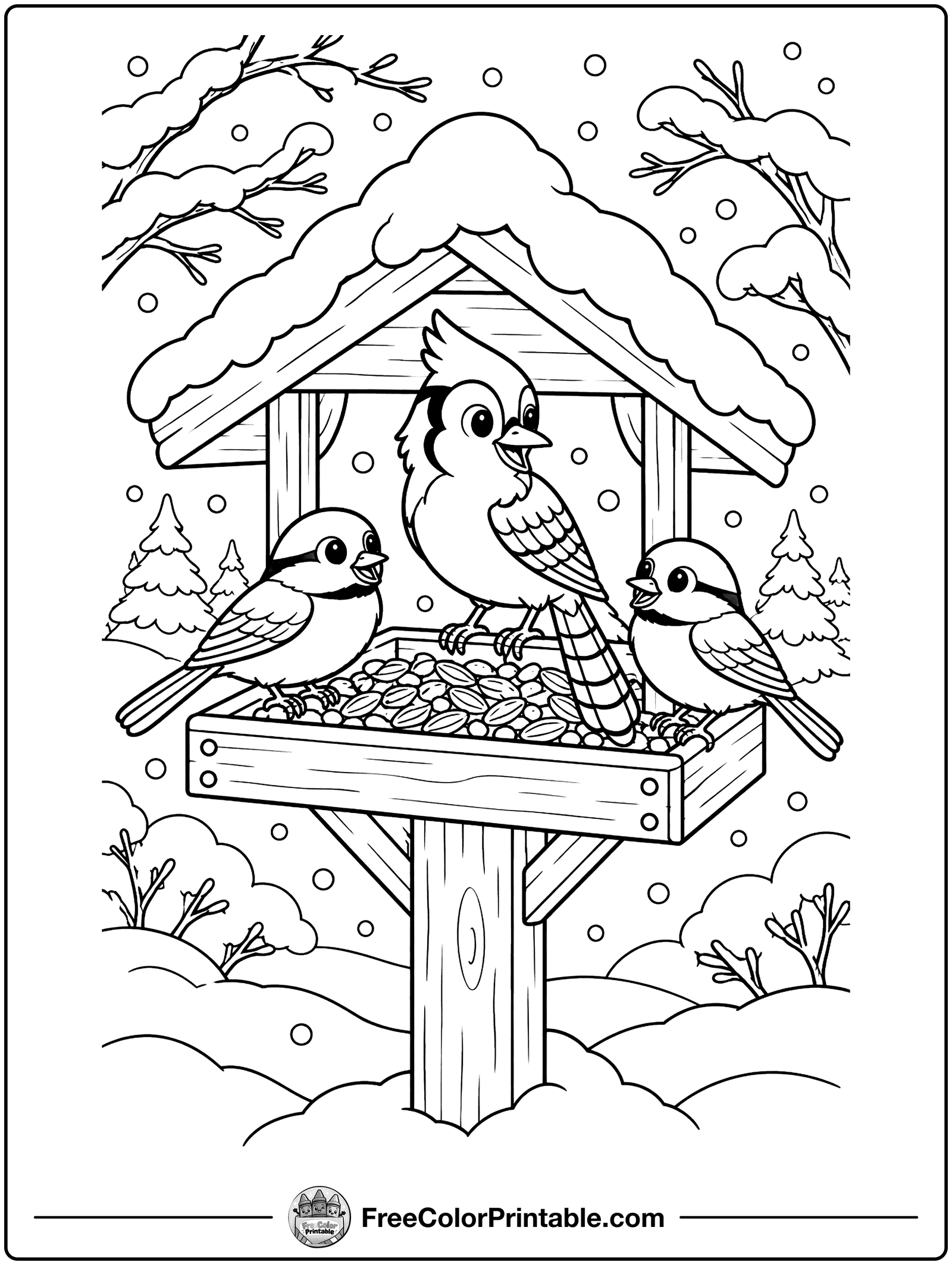 Birds at the Winter Feeder Coloring Page — free color printable