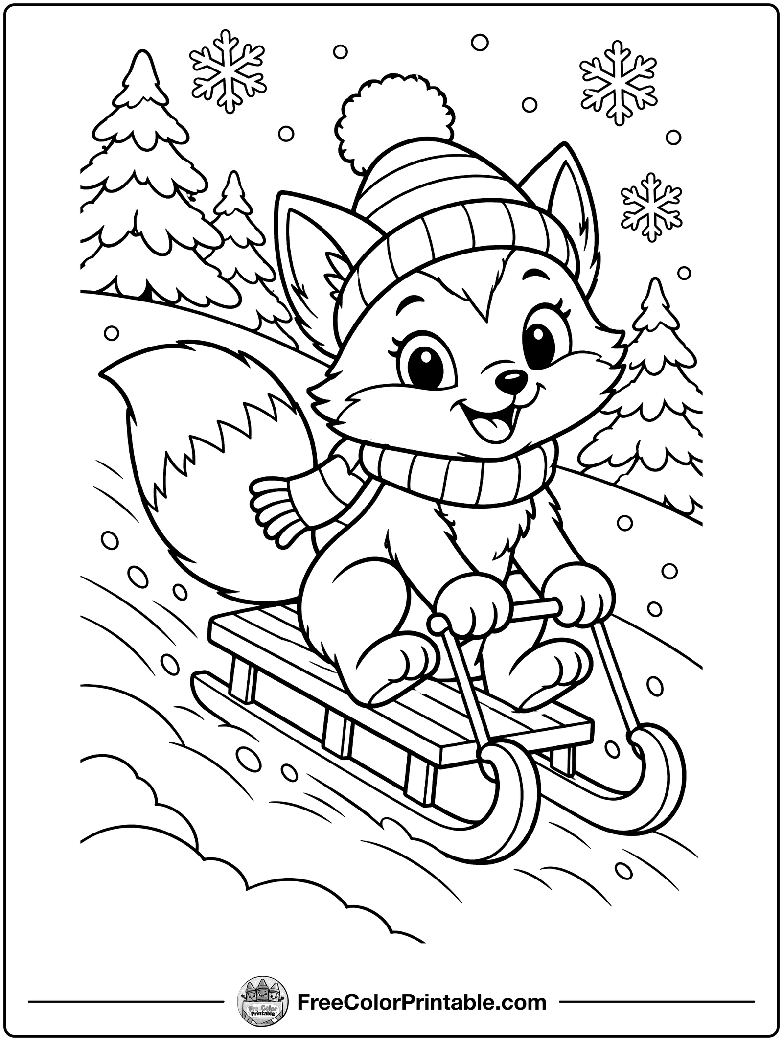 Fox on a Sled Coloring Page — free color printable