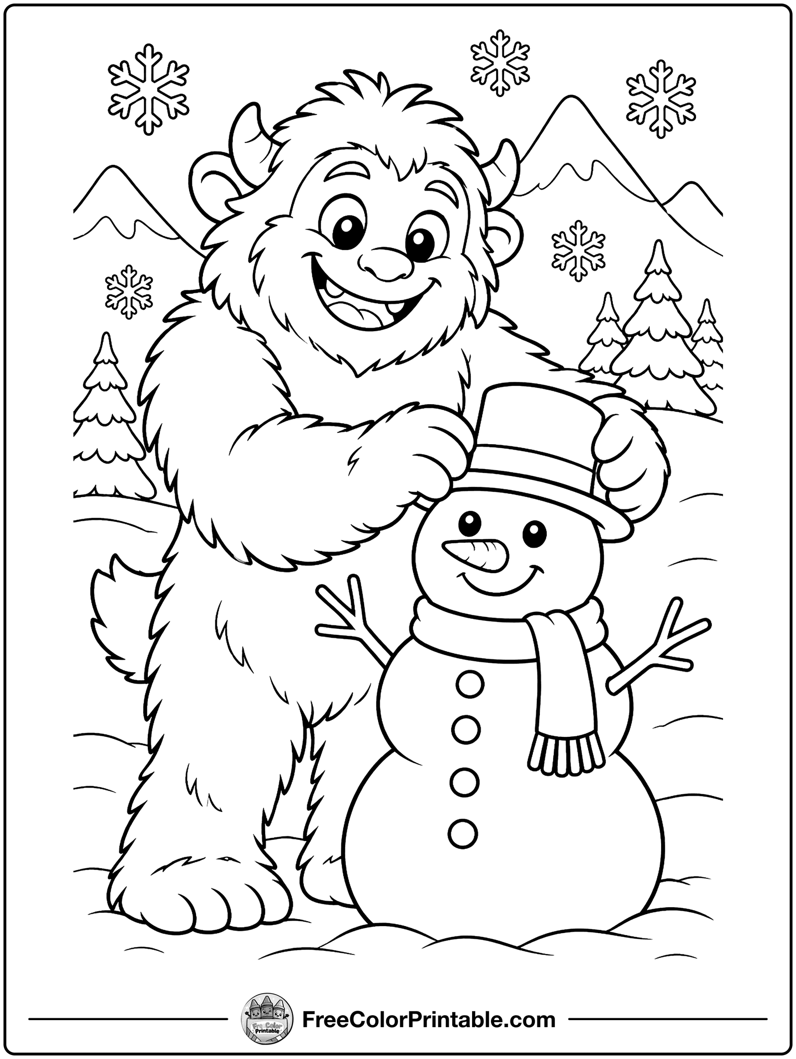 Friendly Yeti in the Snow Coloring Page — free color printable