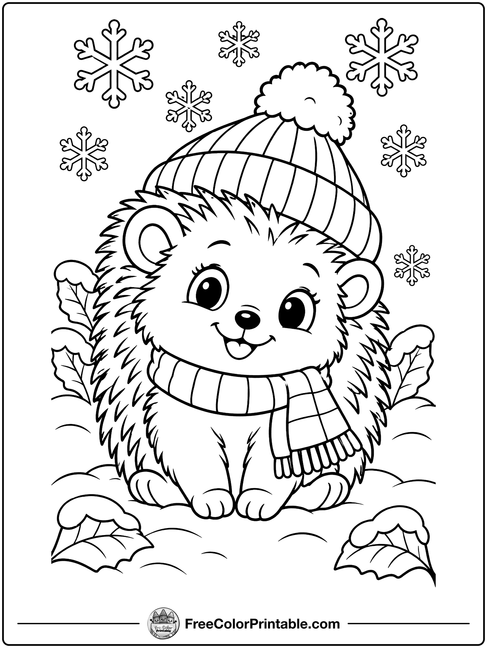 Hedgehog in a Knitted Hat Coloring Page — free color printable