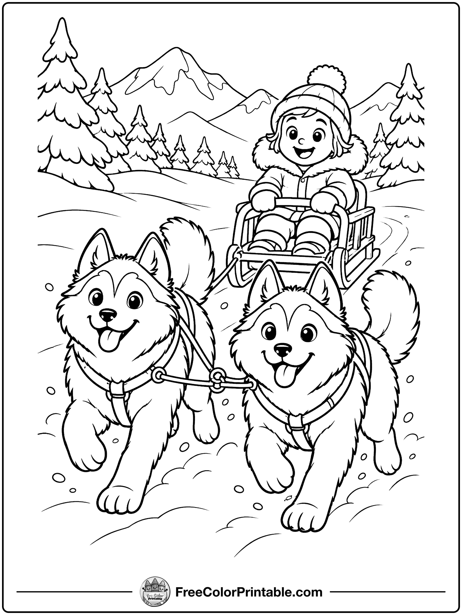 Husky Pulling a Dogsled Coloring Page — free color printable