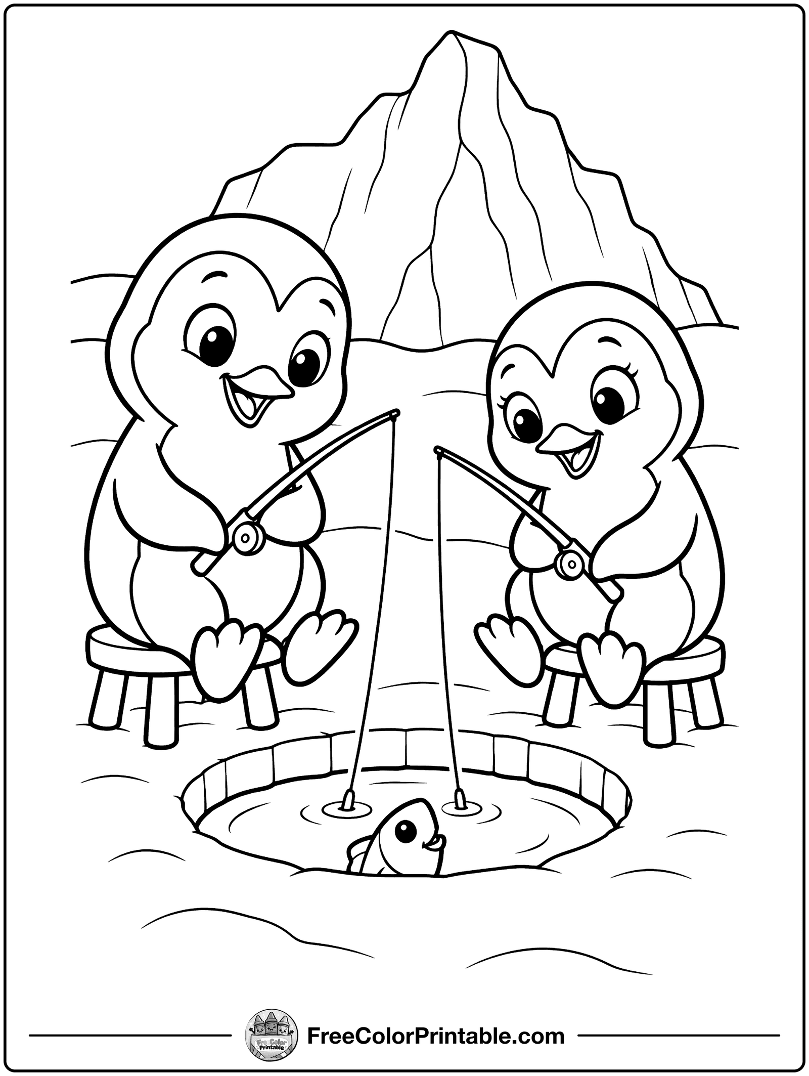 Ice Fishing Penguins Coloring Page — free color printable