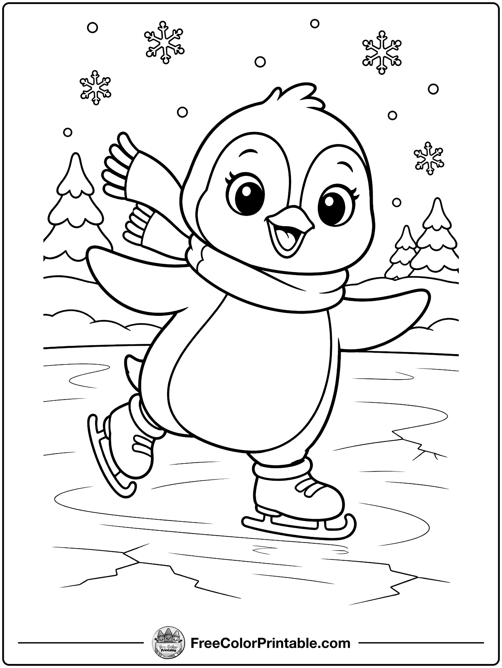 Ice Skating Penguin Coloring Page — free color printable
