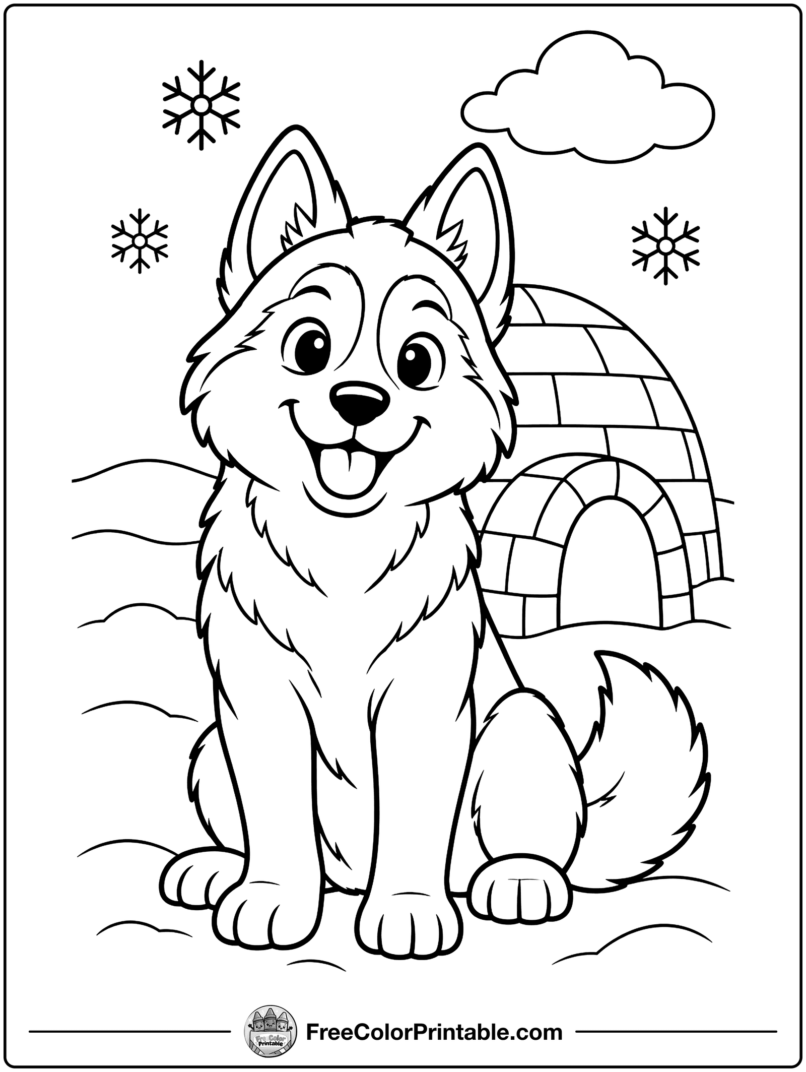 Igloo and Husky Coloring Page — free color printable