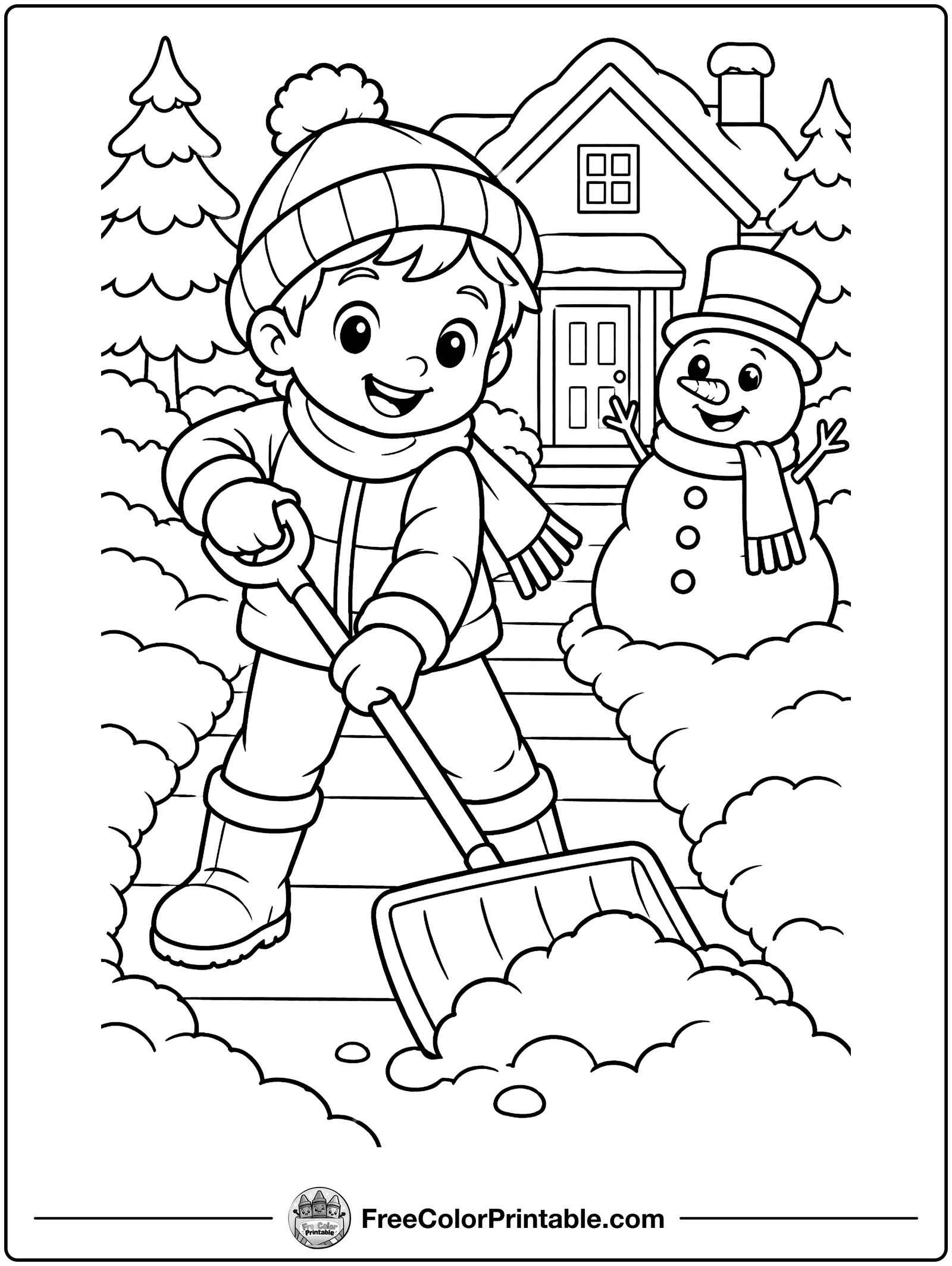 Kid Shoveling Snow Coloring Page — free color printable