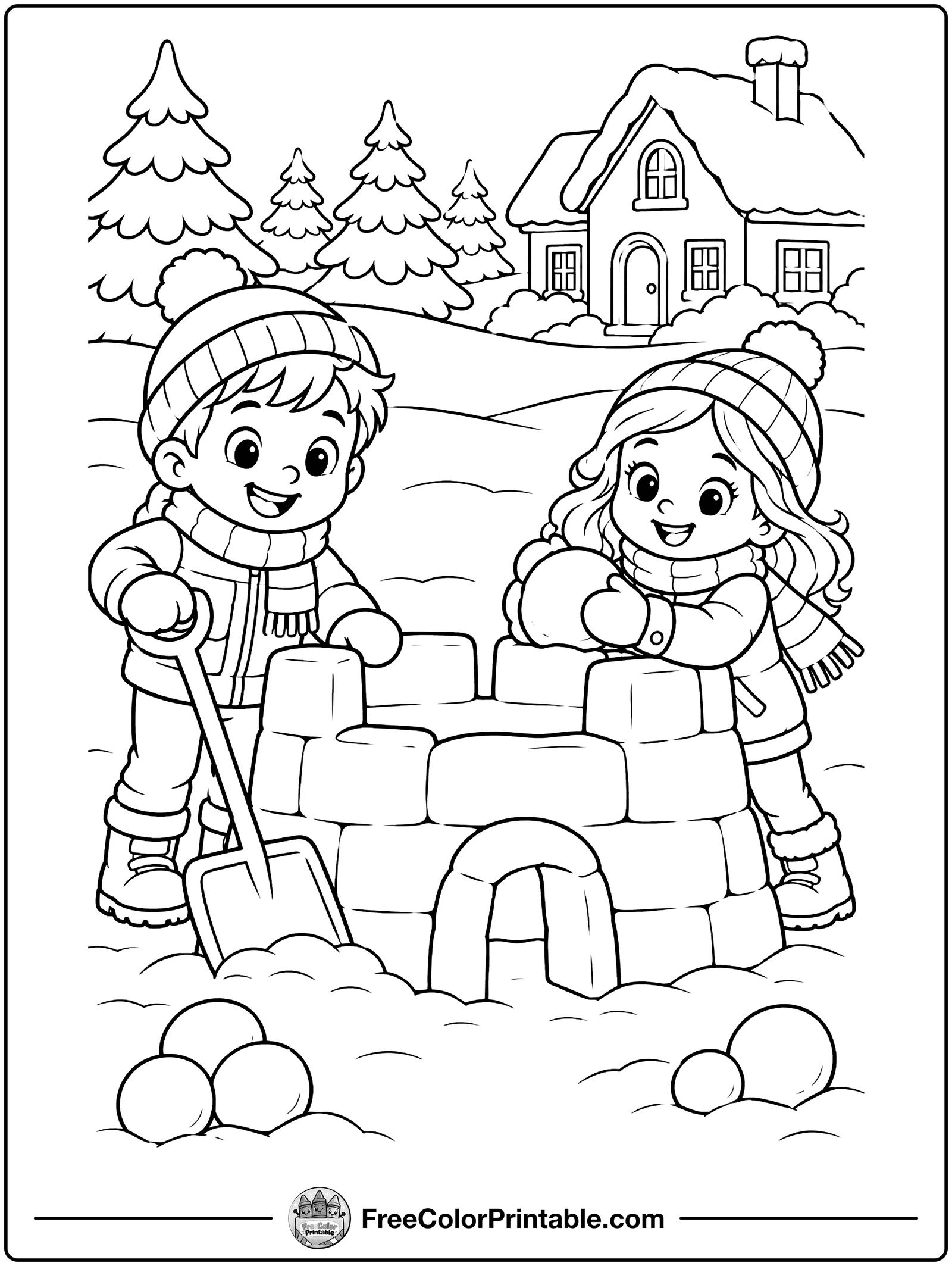 Kids Building a Snow Fort Coloring Page — free color printable