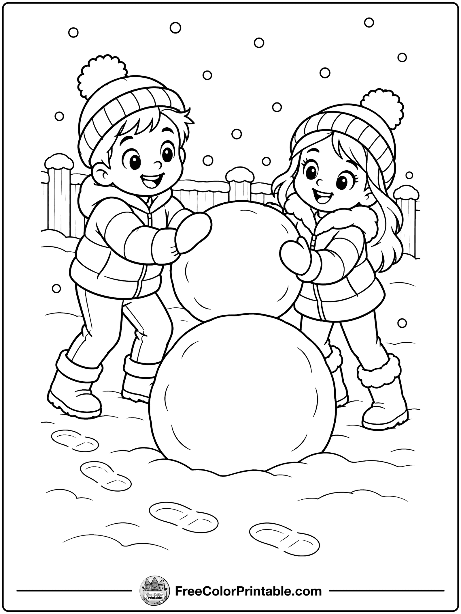 Kids Building a Snowman Coloring Page — free color printable