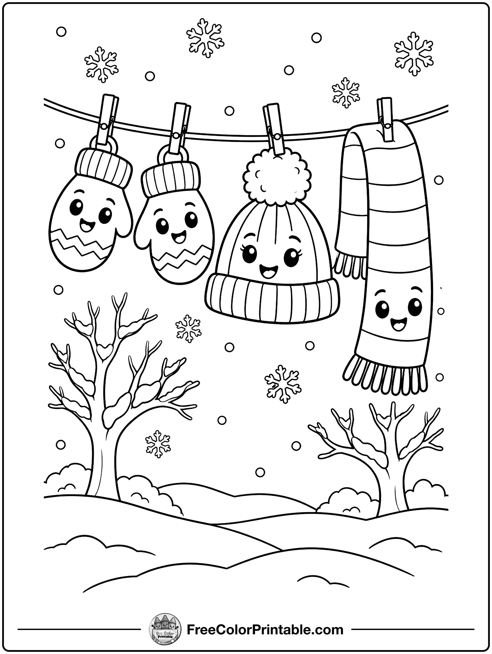 Mittens, Hat and Scarf Coloring Page — free color printable