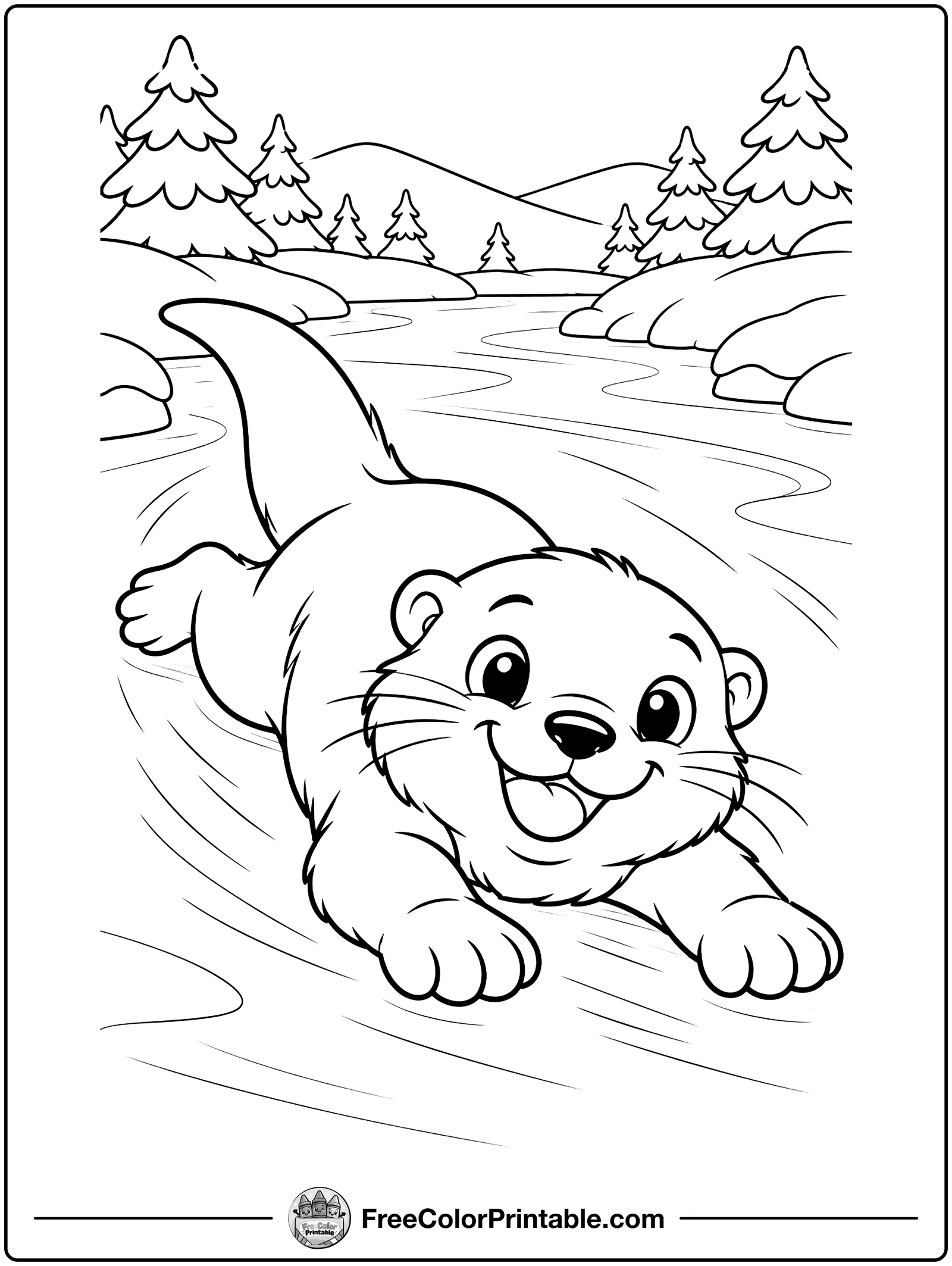 Otter Sliding on the Ice Coloring Page — free color printable