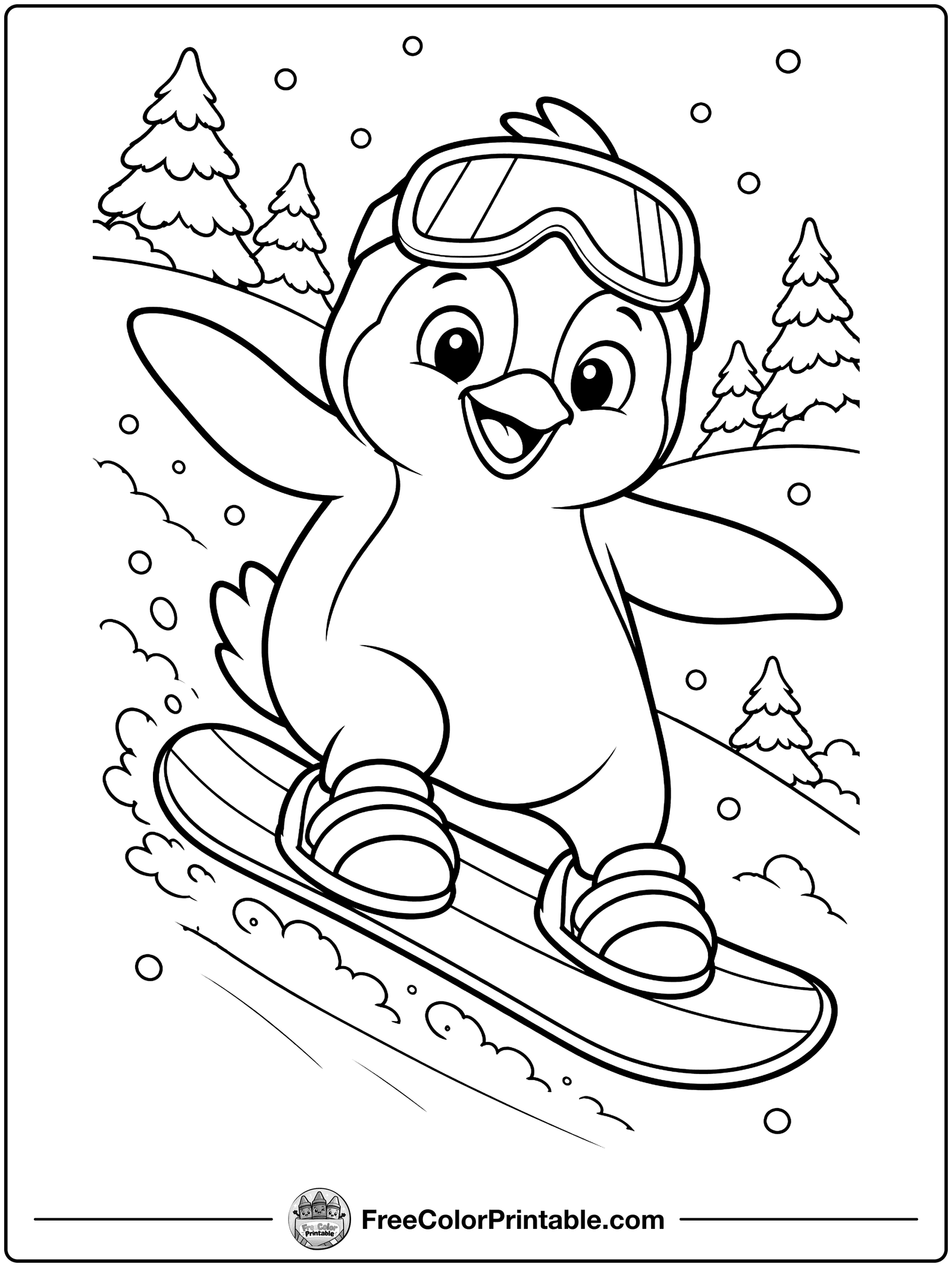 Penguin on a Snowboard Coloring Page — free color printable