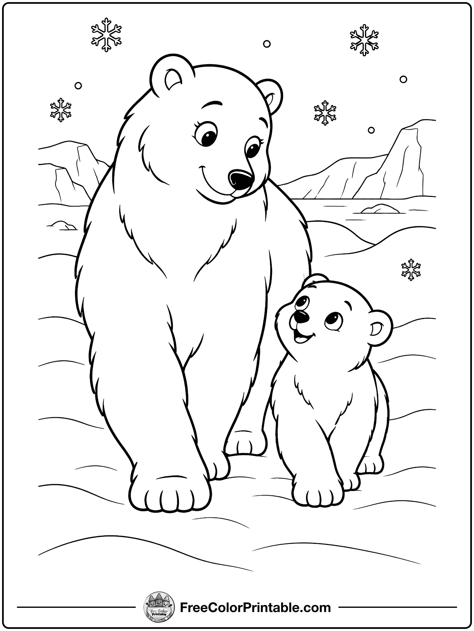 Polar Bear Mom and Cub Coloring Page — free color printable