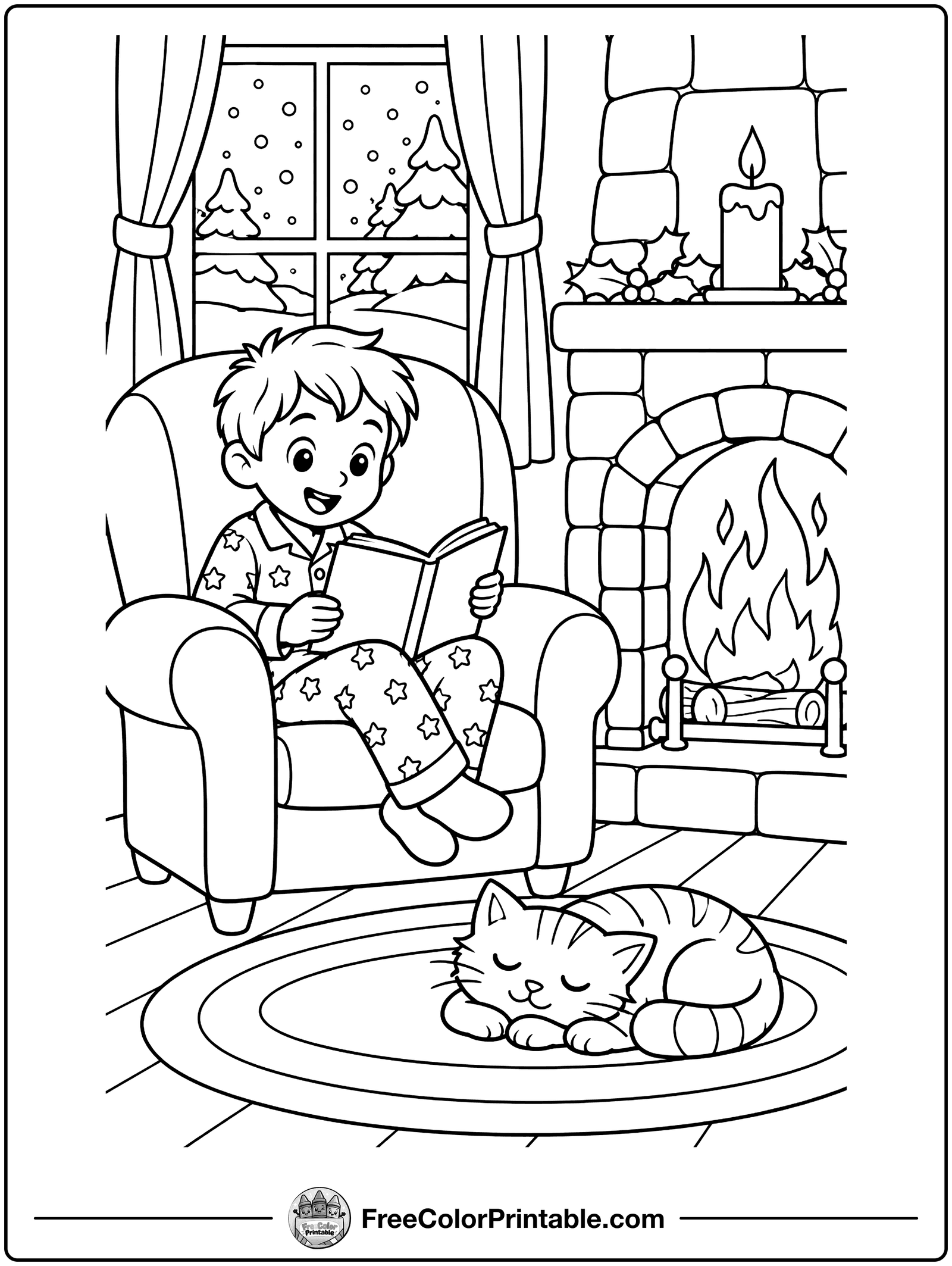 Reading by the Fireplace Coloring Page — free color printable