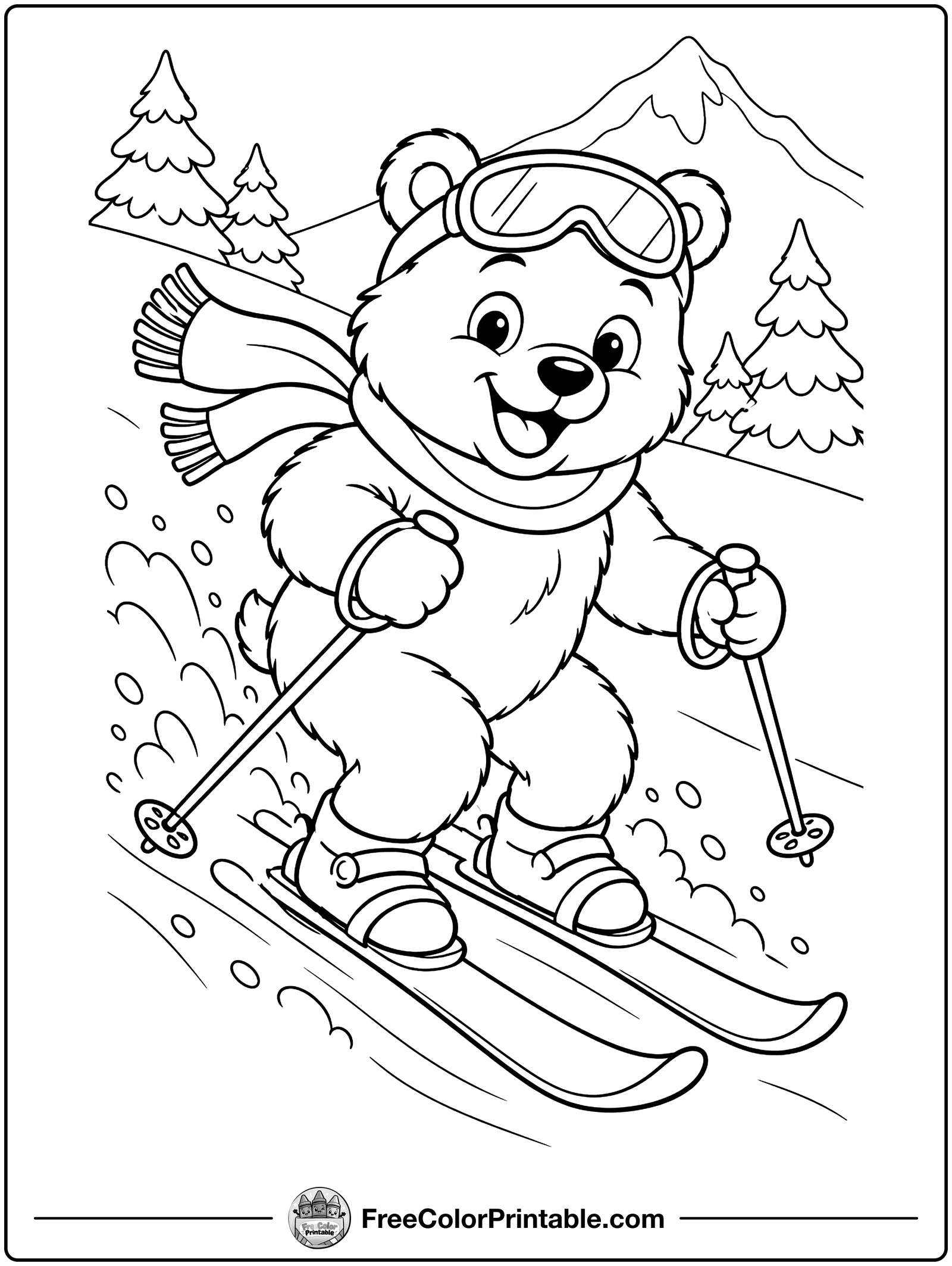 Skiing Bear Coloring Page — free color printable