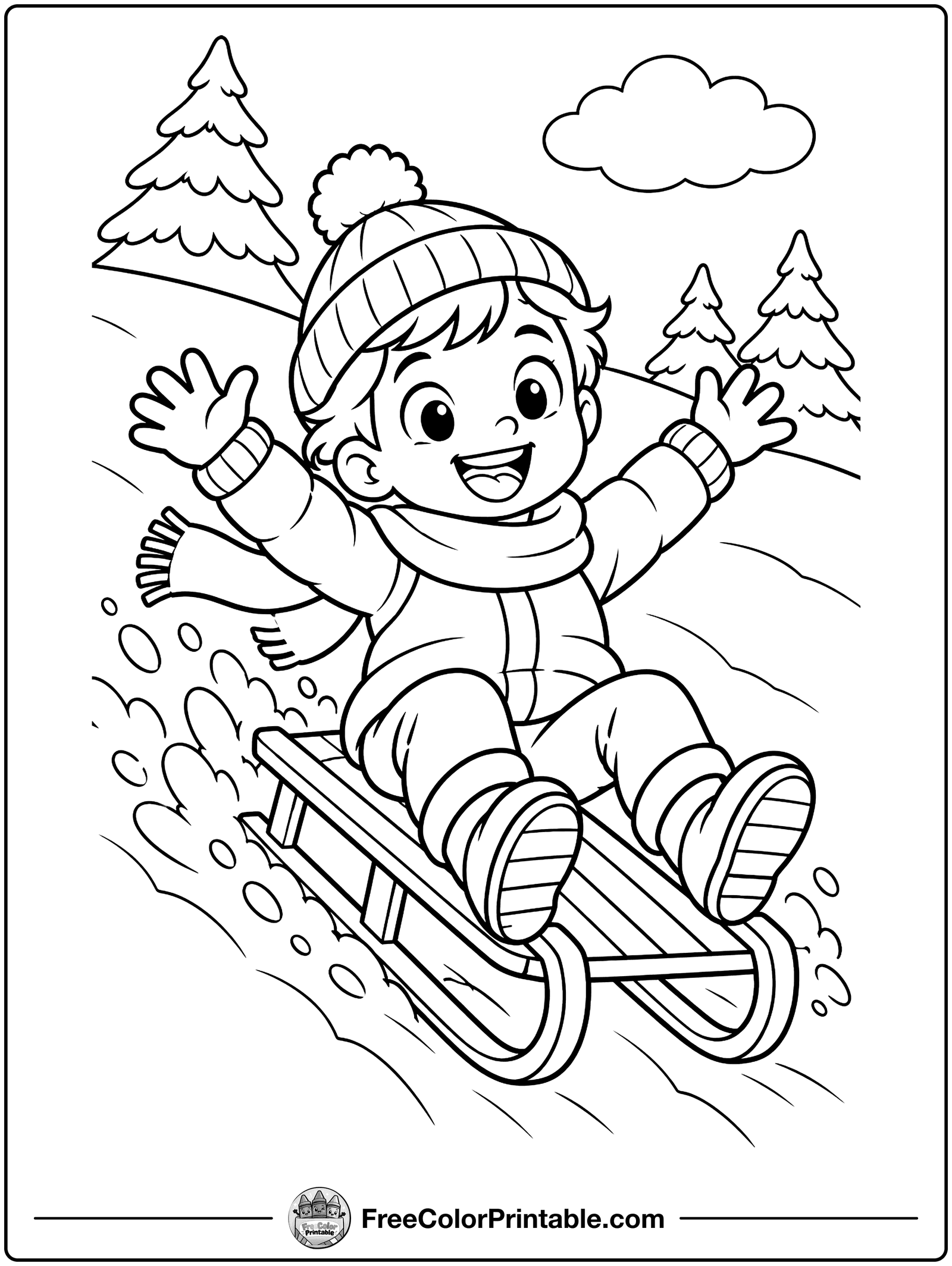Sledding down the Hill Coloring Page — free color printable