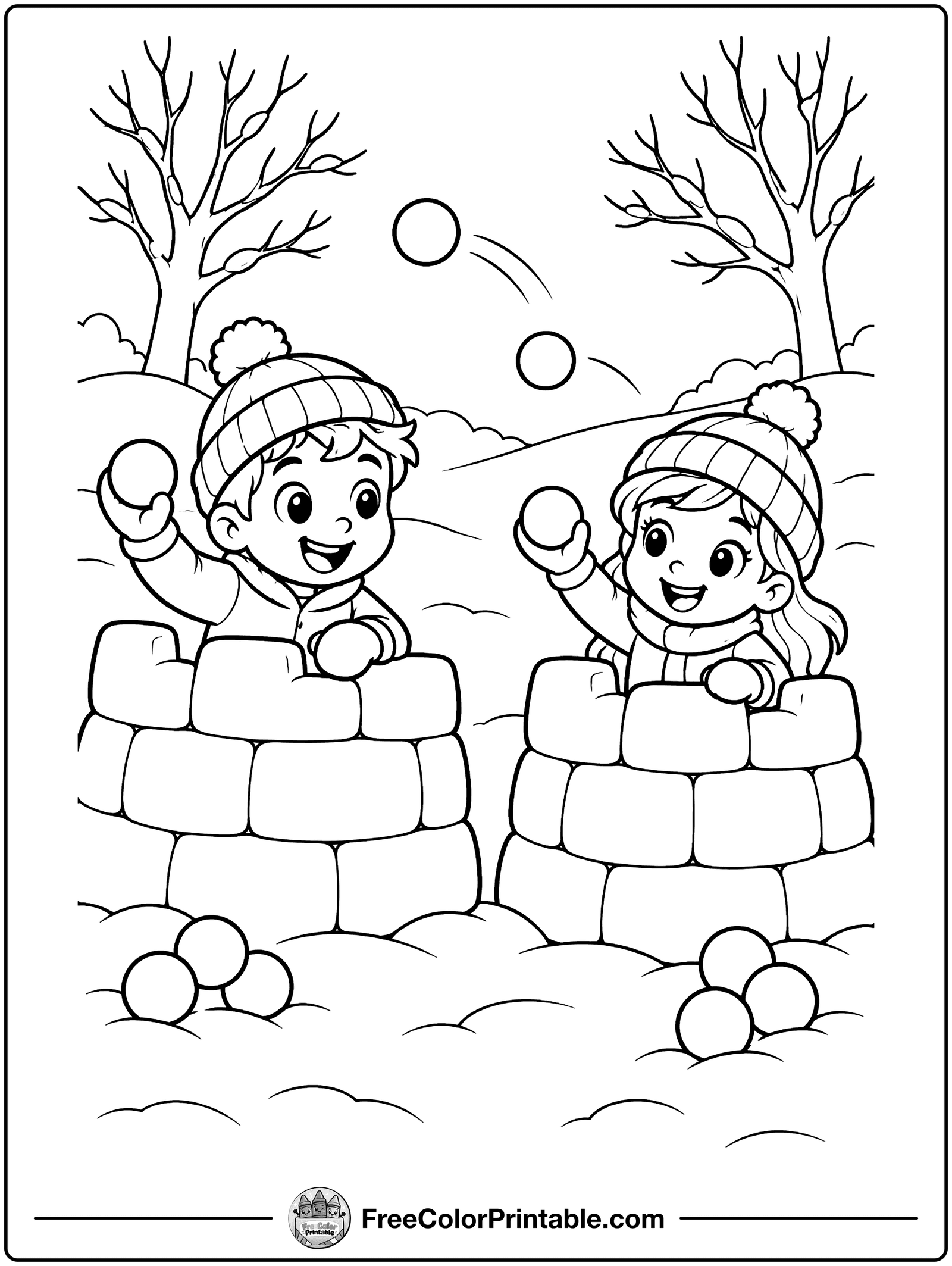 Snowball Fight Coloring Page — free color printable