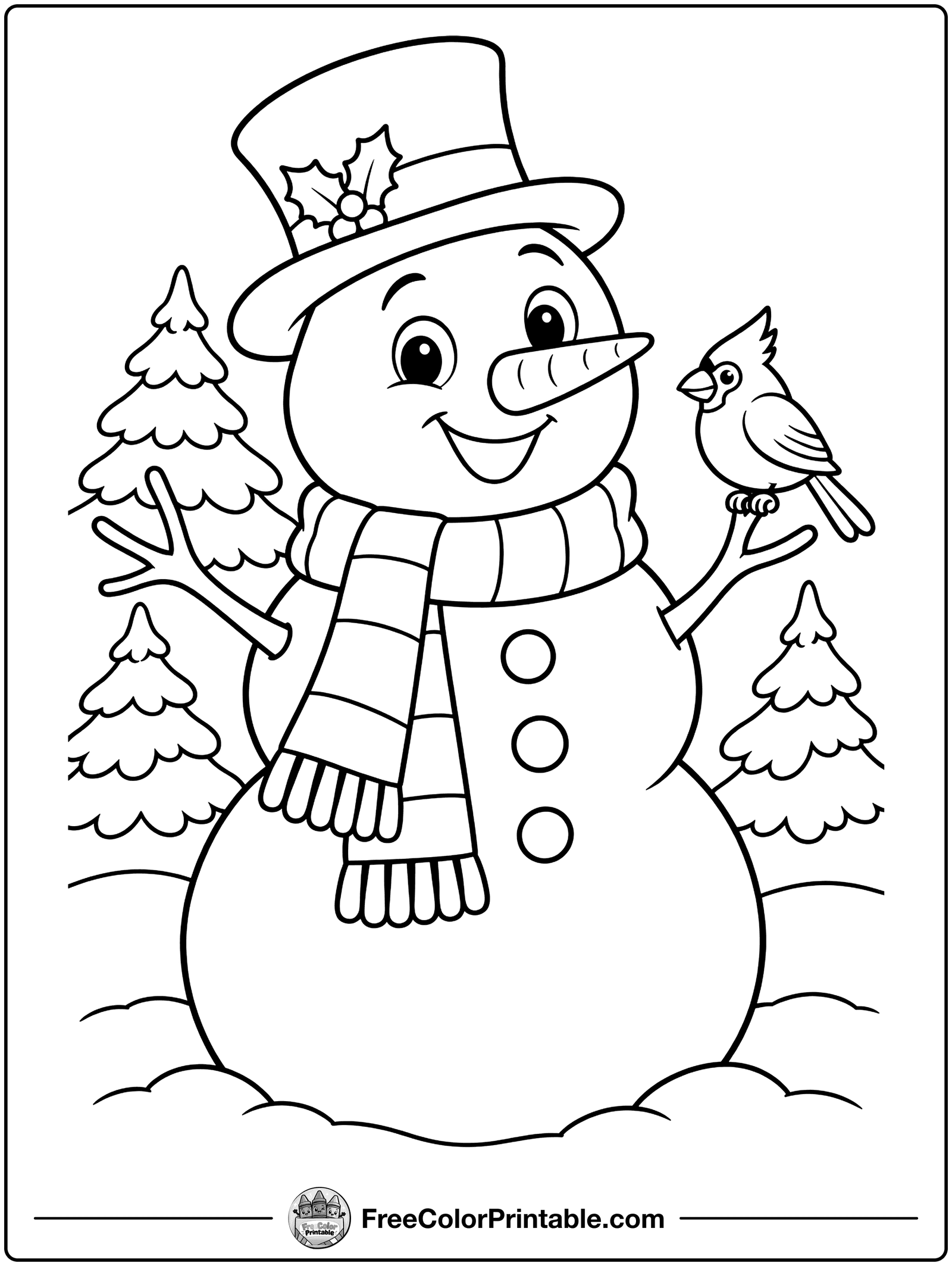 Snowman and Cardinal Friends Coloring Page — free color printable