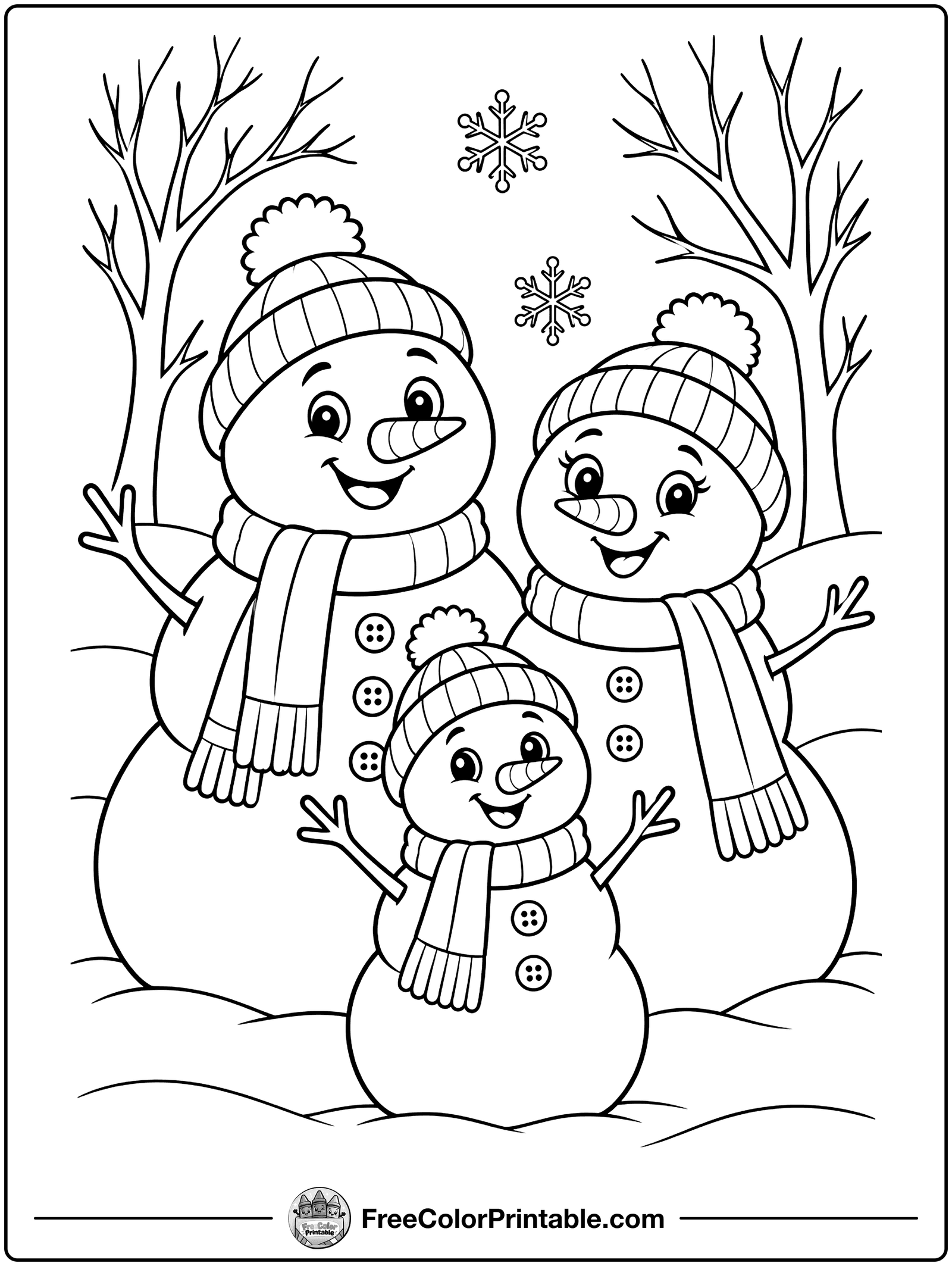 Snowman Family Coloring Page — free color printable