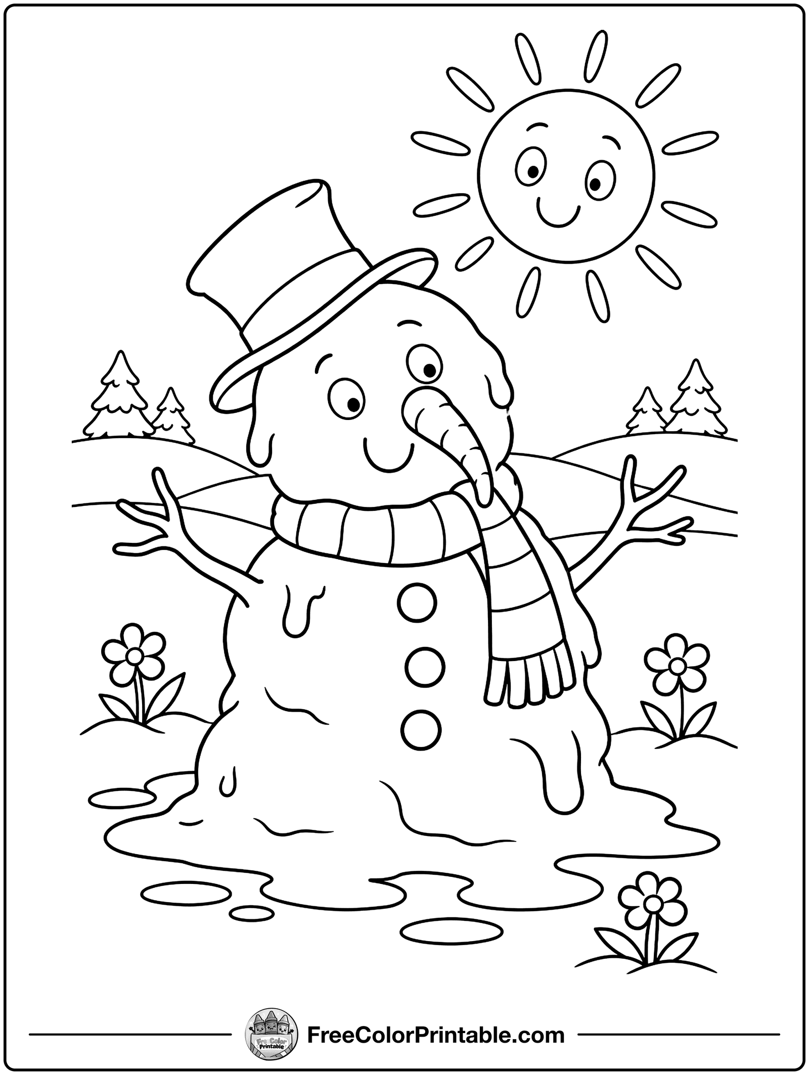 Snowman Melting in the Sun Coloring Page — free color printable