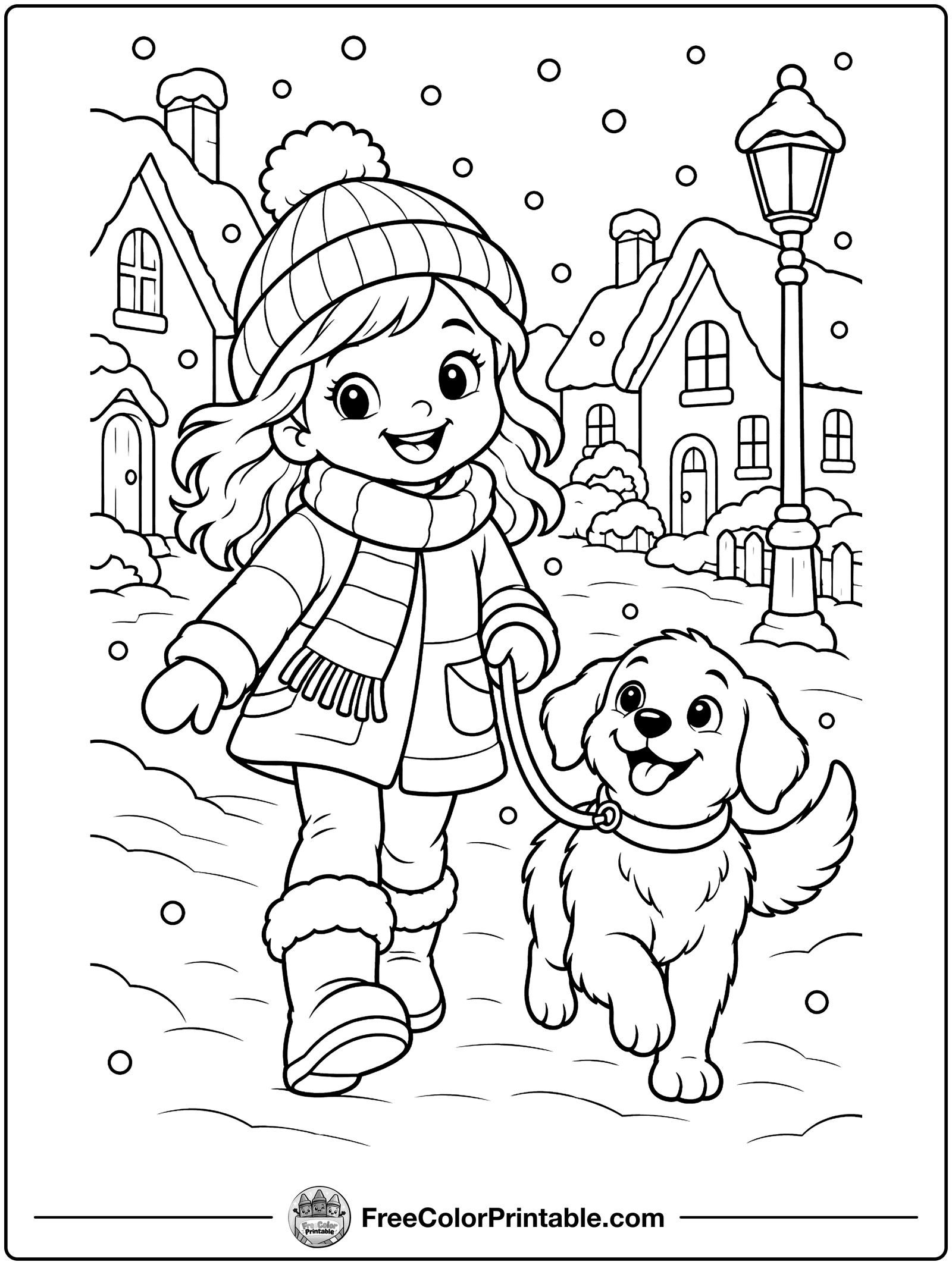 Snowy Village Street Coloring Page — free color printable