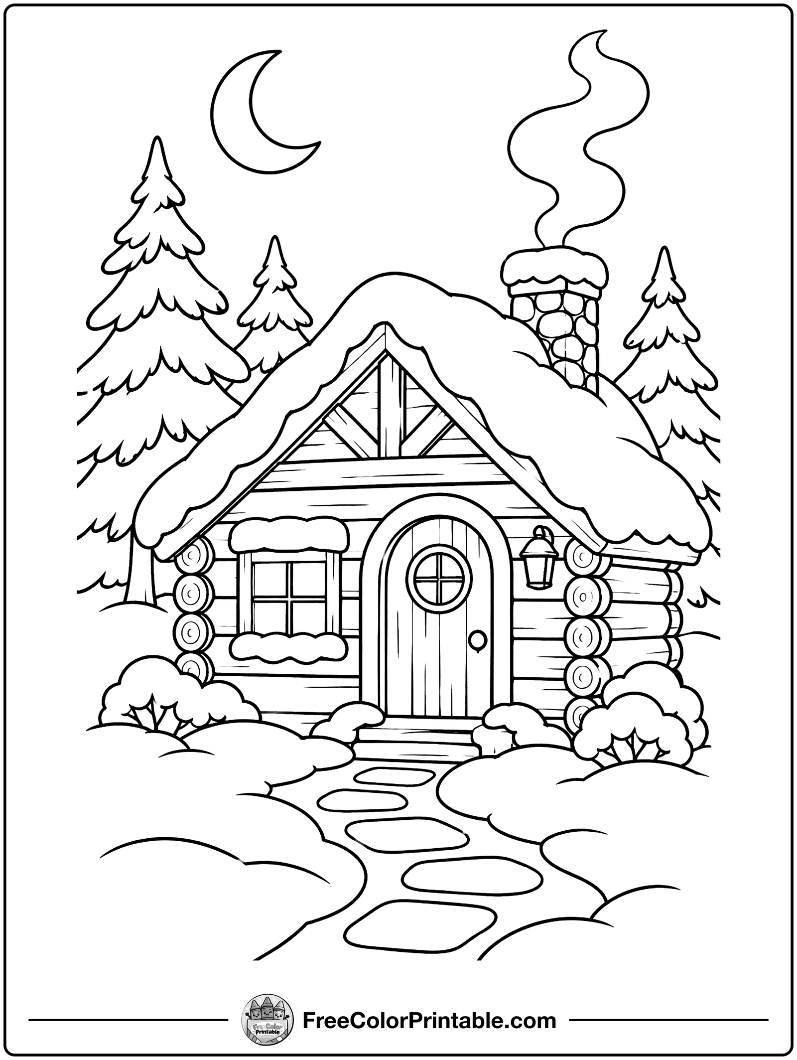 Winter Cabin Coloring Page — free color printable