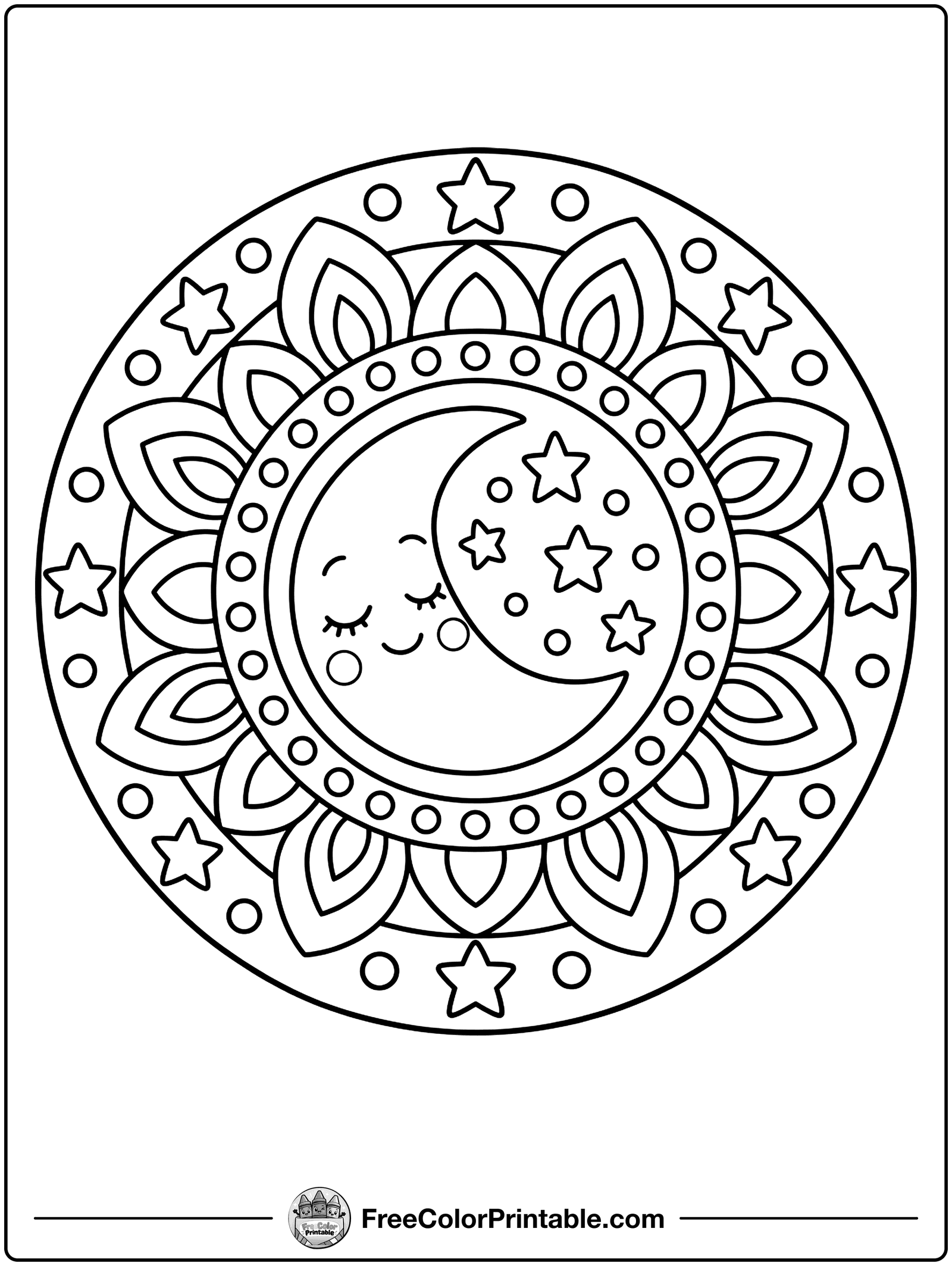 Moon and Stars Mandala Coloring Page — free color printable