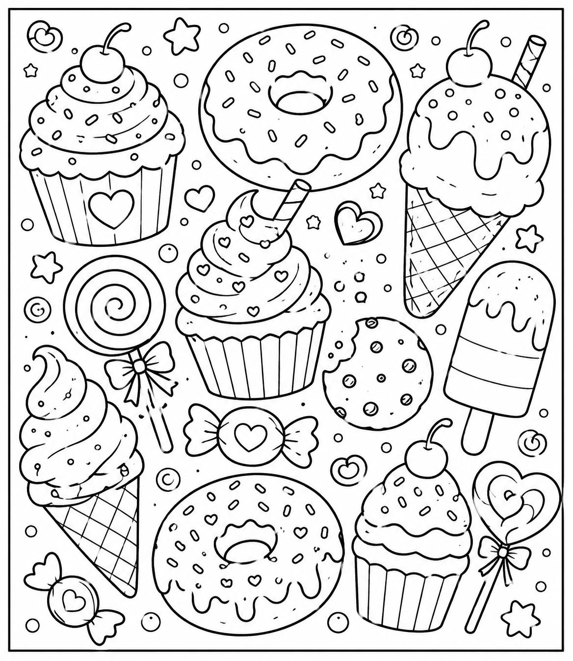 Kawaii Dessert Collage Coloring Page — free color printable
