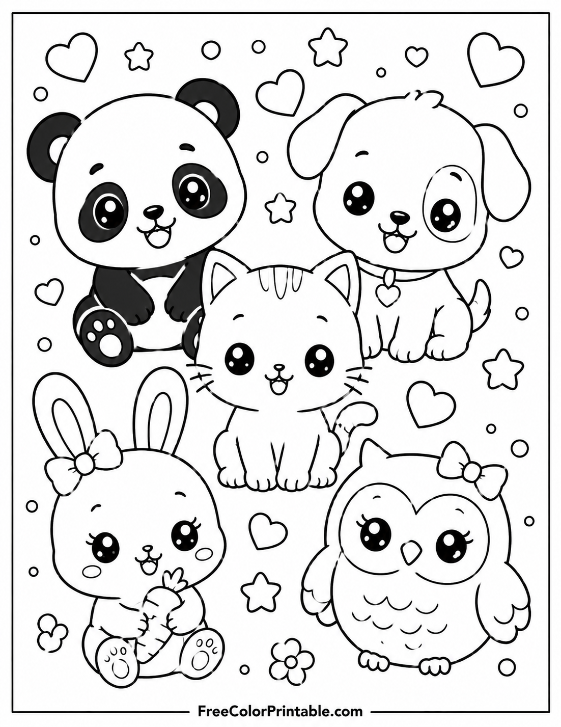 Kawaii Woodland Animals Coloring Page — free color printable