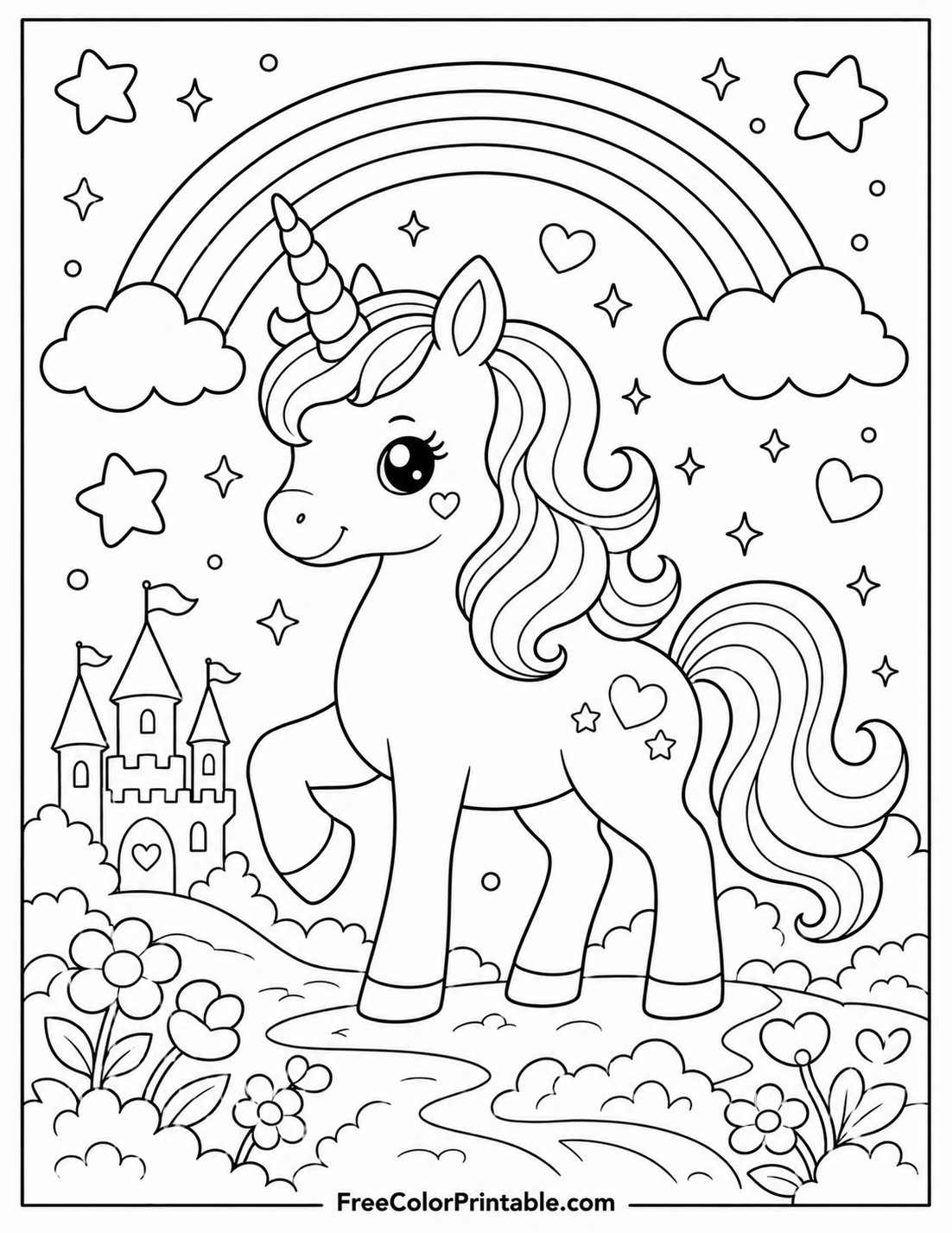 Magical Unicorn In A Dreamy Landscape Coloring Page — free color printable