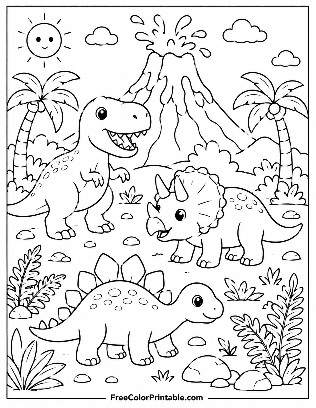 Prehistoric Dinosaur Adventure Coloring Page — free color printable