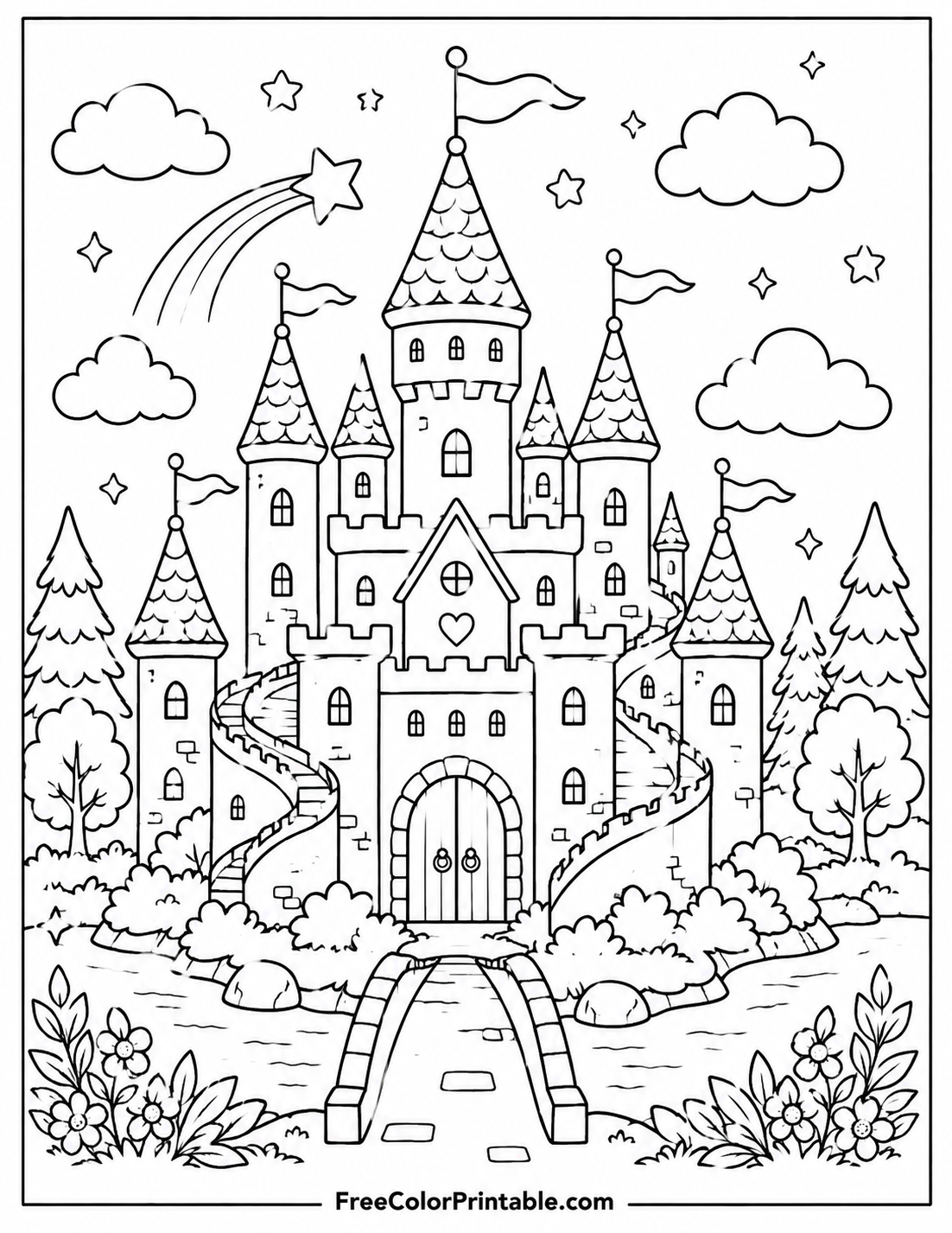Whimsical Castle With Stars And Foliage Coloring Page — free color printable