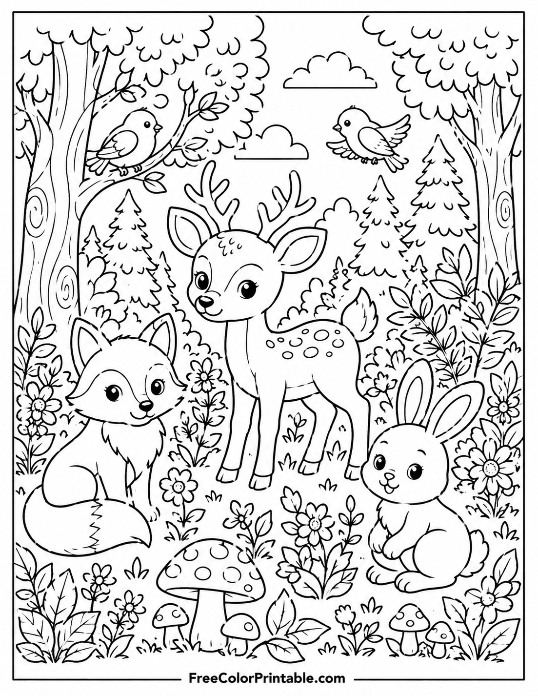 Woodland Friends In A Forest Clearing Coloring Page — free color printable