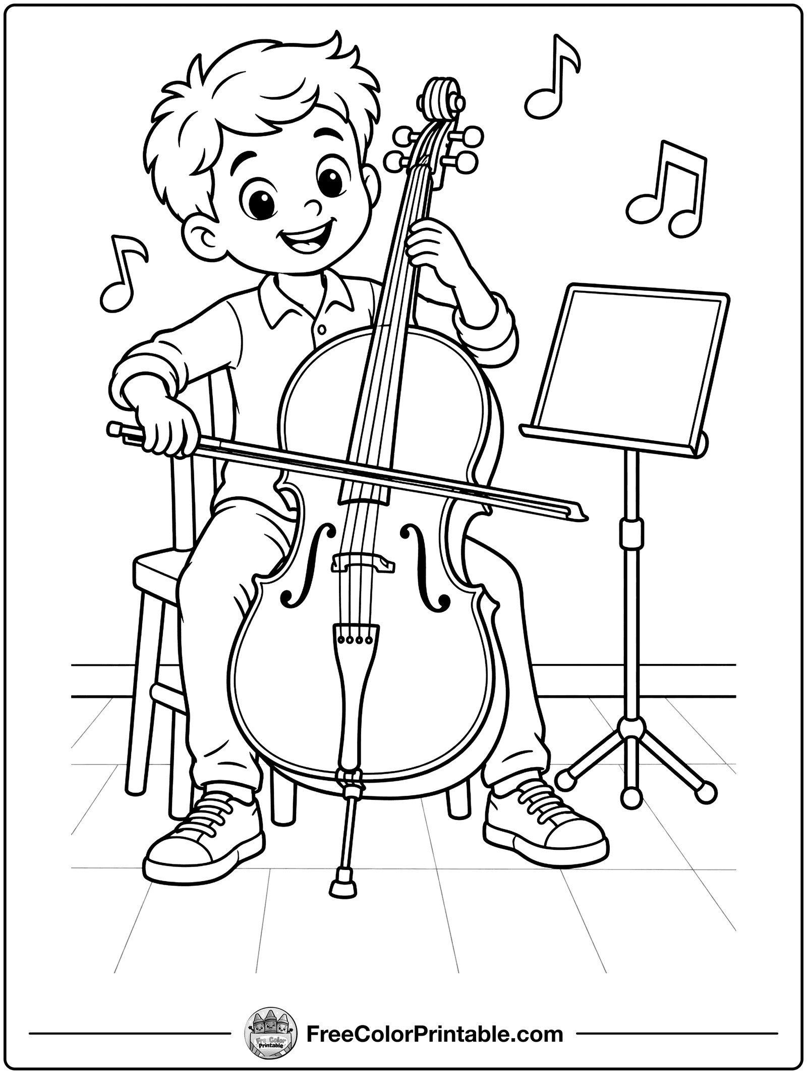 Boy Playing the Cello Coloring Page — free color printable