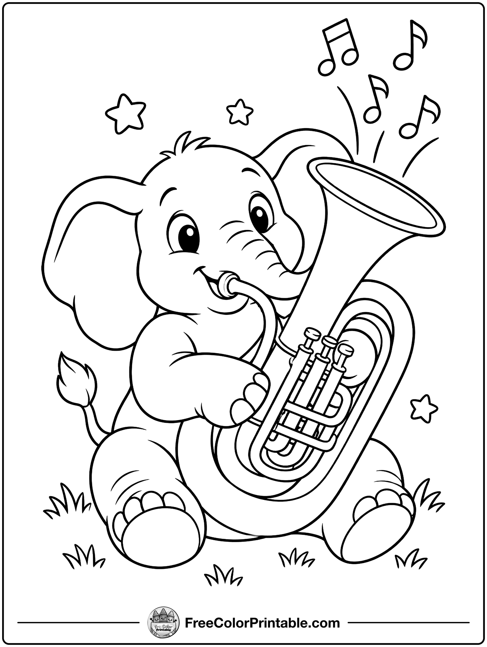Elephant Playing the Tuba Coloring Page — free color printable