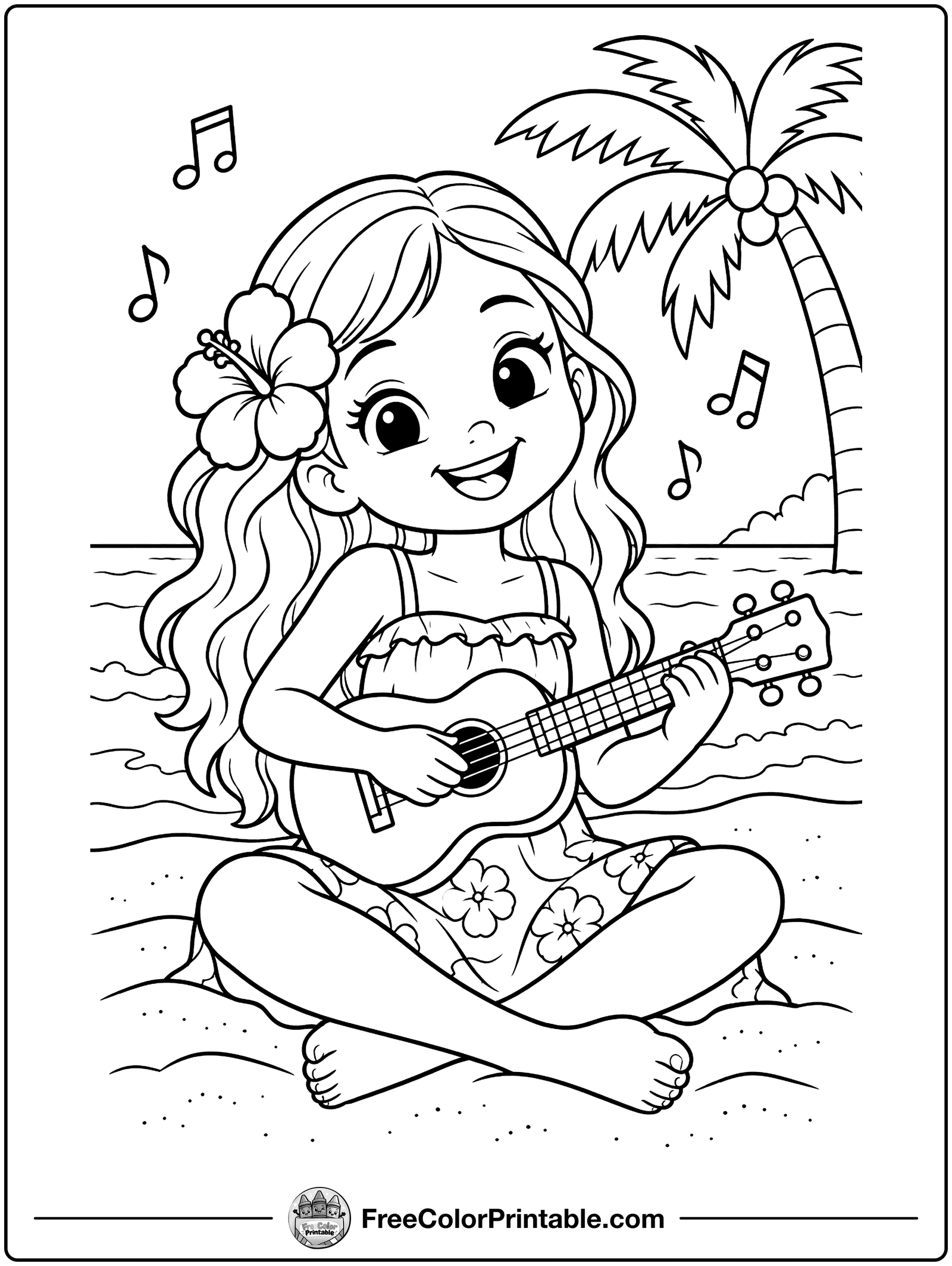 Girl Playing the Ukulele Coloring Page — free color printable