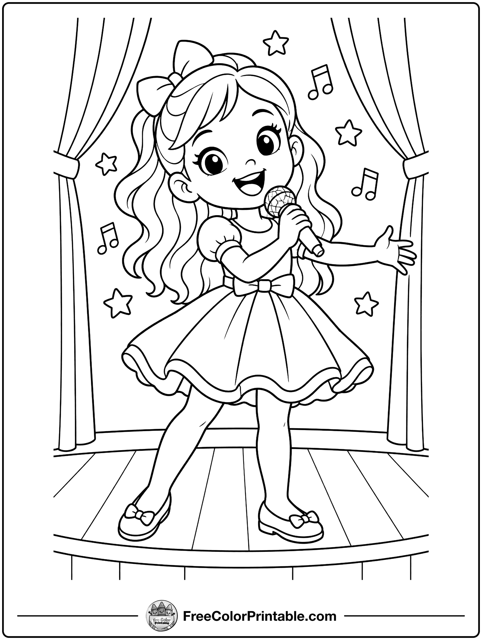 Girl Singing with a Microphone Coloring Page — free color printable