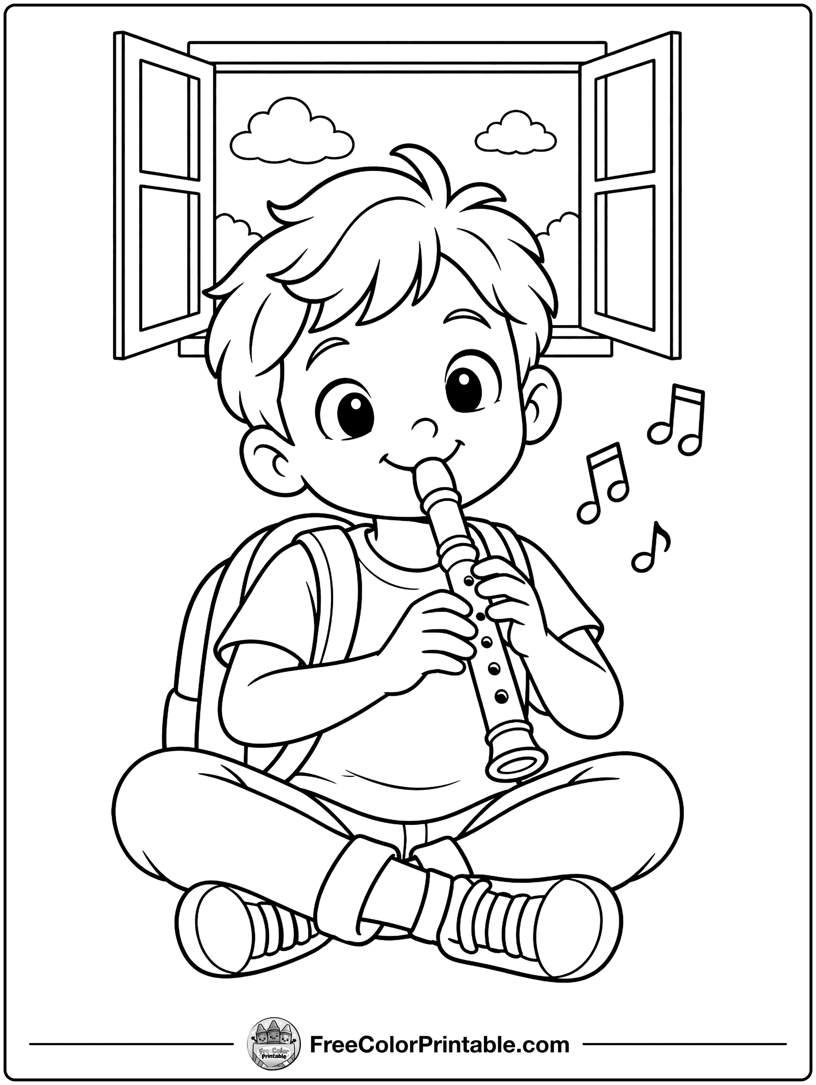 Kid Playing the Recorder Coloring Page — free color printable