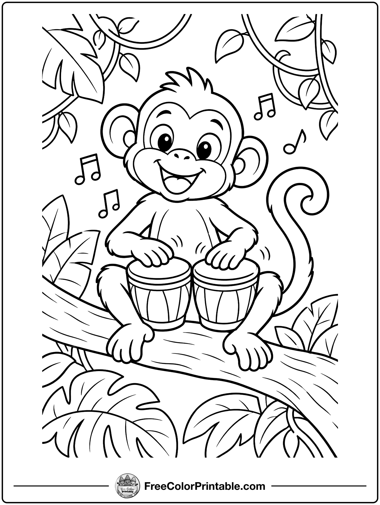 Monkey Playing the Bongos Coloring Page — free color printable