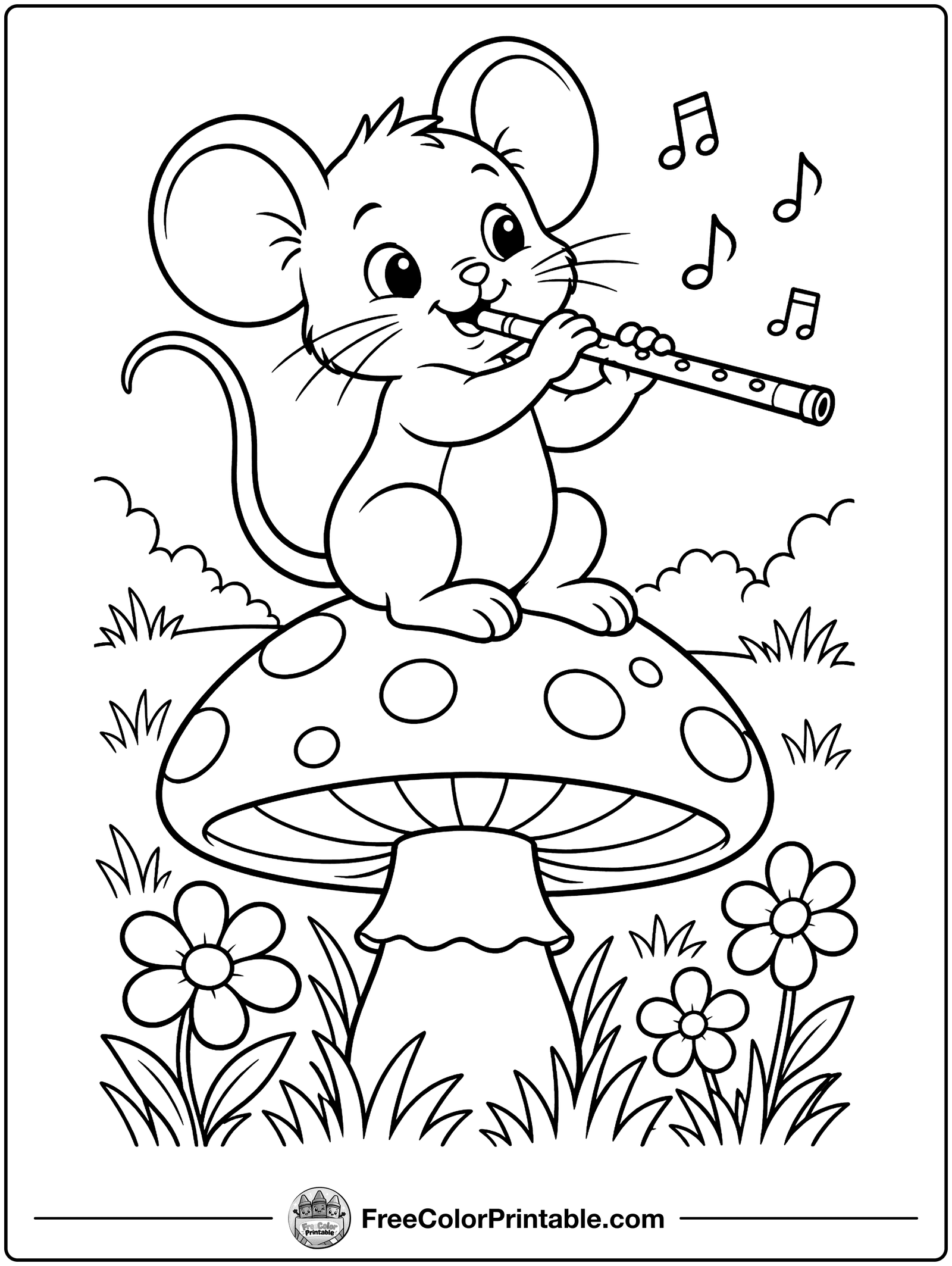 Mouse Playing the Flute Coloring Page — free color printable