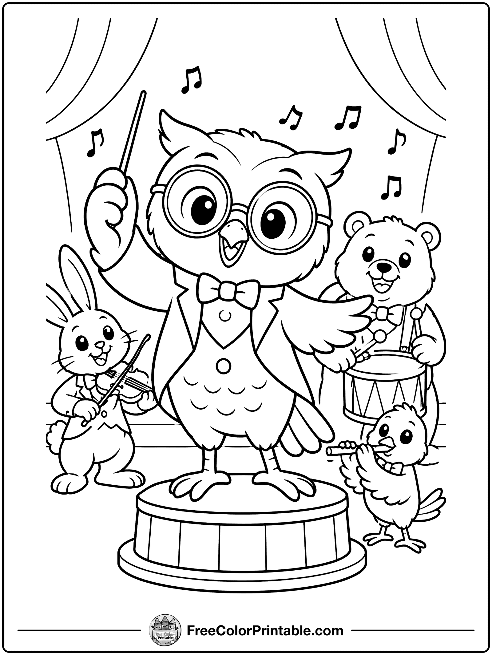 Owl Conducting an Orchestra Coloring Page — free color printable