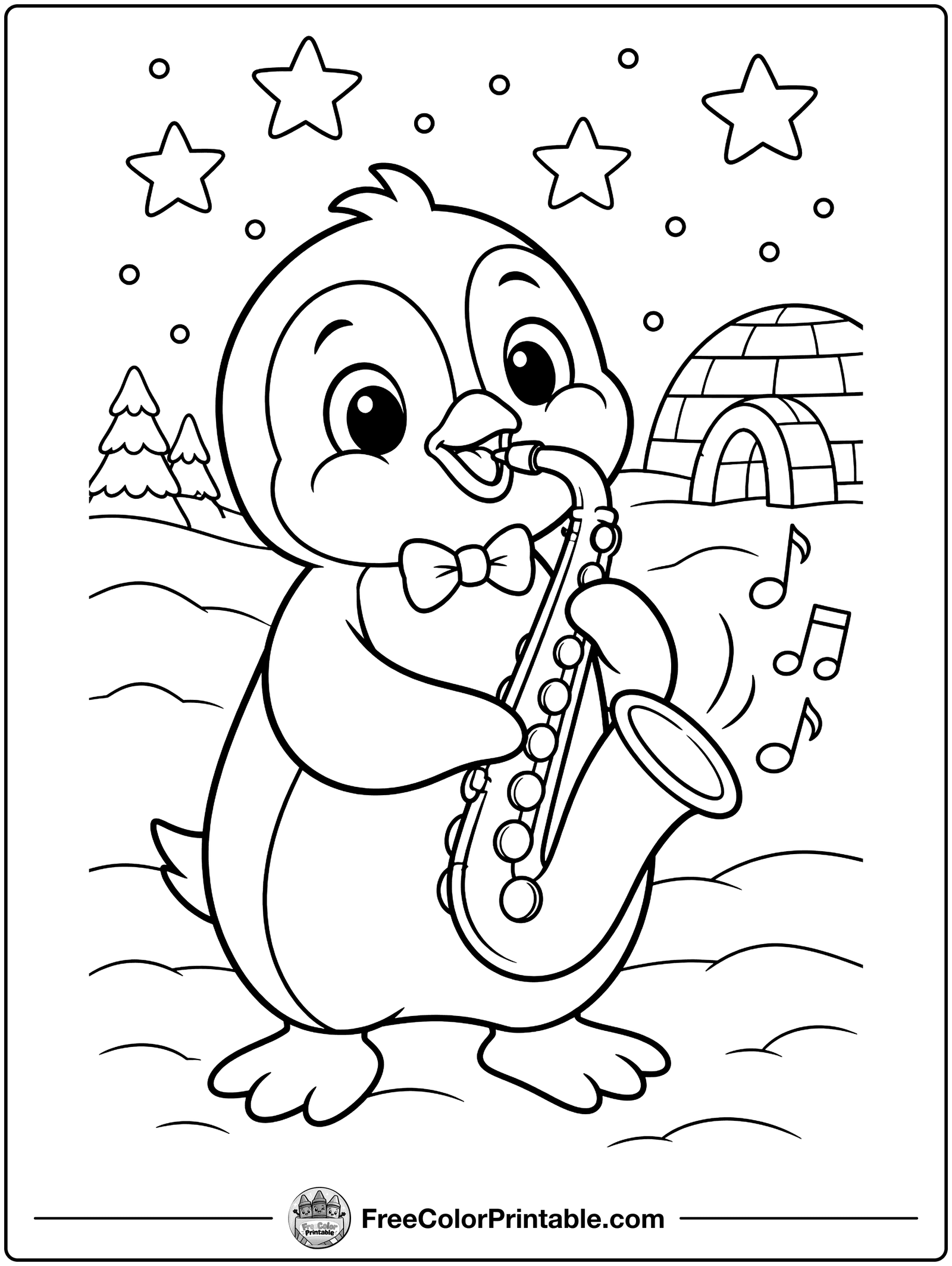 Penguin Playing the Saxophone Coloring Page — free color printable