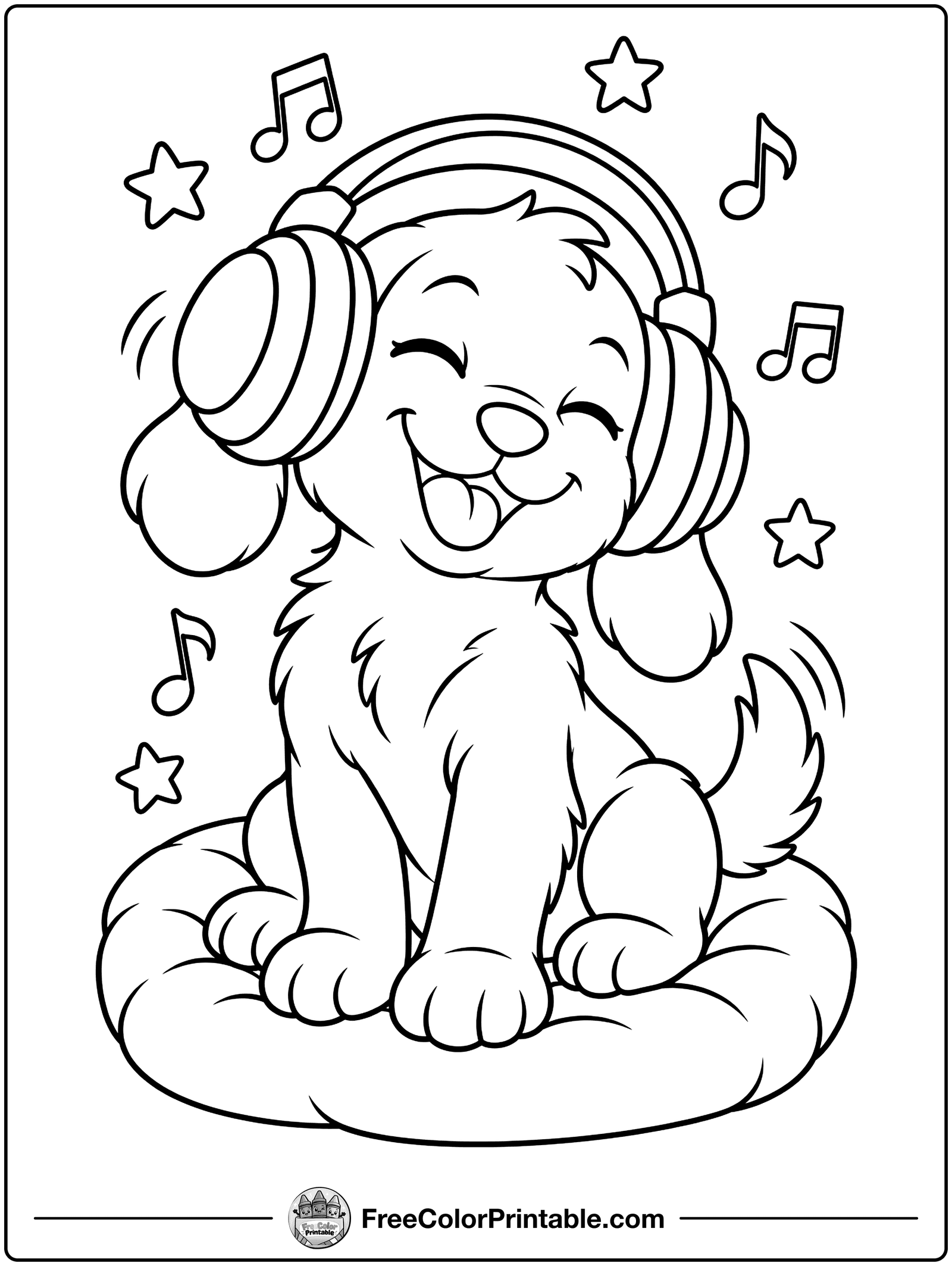 Puppy with Headphones Coloring Page — free color printable
