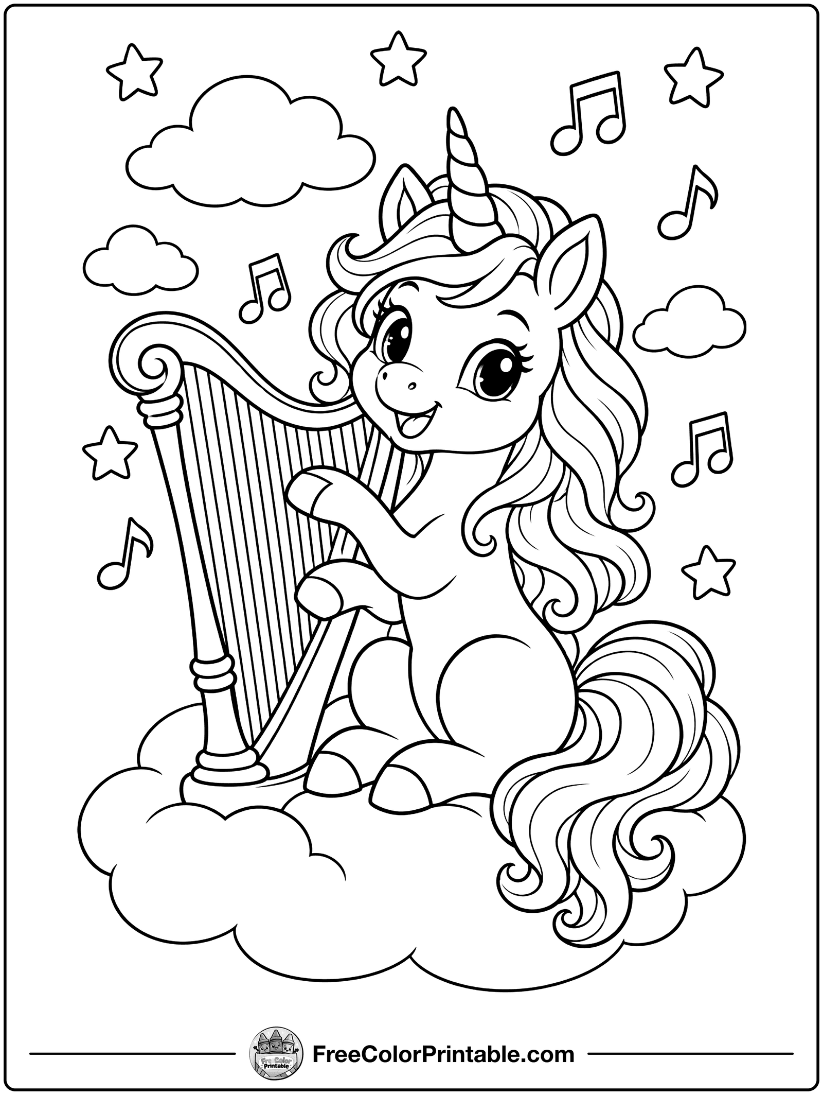 Unicorn Playing the Harp Coloring Page — free color printable