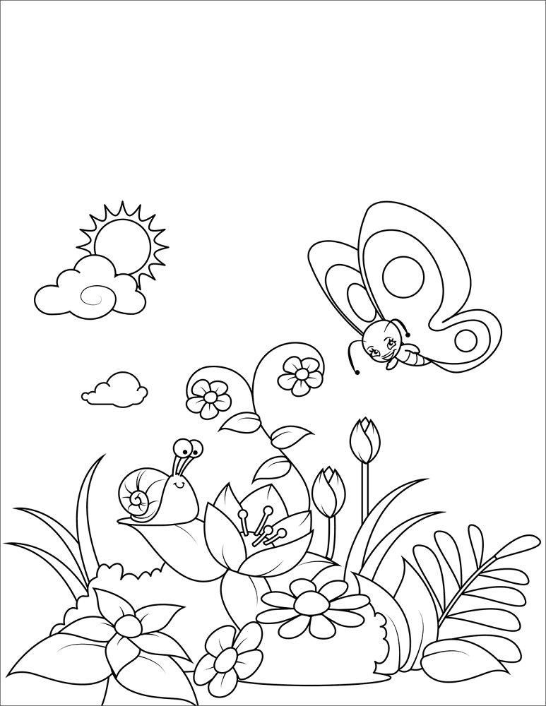 A Snail And A Butterfly On A Flowering Glade Coloring Page Md Coloring Page — Free Printable — free printable coloring page