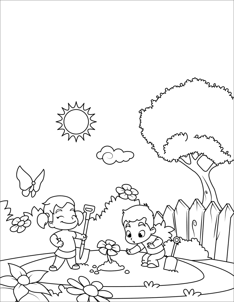 Boy And Girl Plant Flowers Coloring Page Md Coloring Page — Free Printable — free printable coloring page